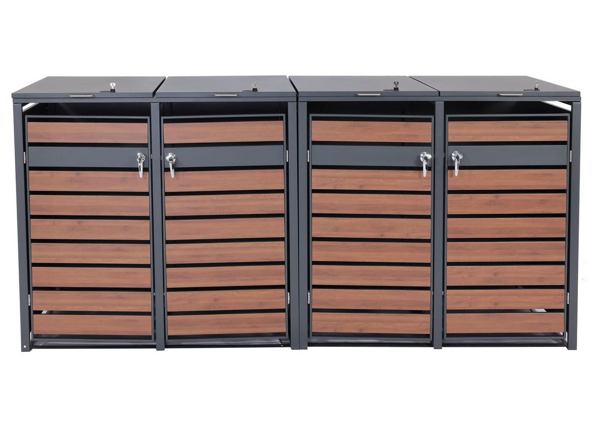 MÜLLTONNENBOX 4er/8er XL 117x284x98cm Metall 118kg Anthrazit Kirsche-Holzoptik Dunkelbraun - Kirschbaumfarben, Metall (284/117/98cm) - PROREGAL