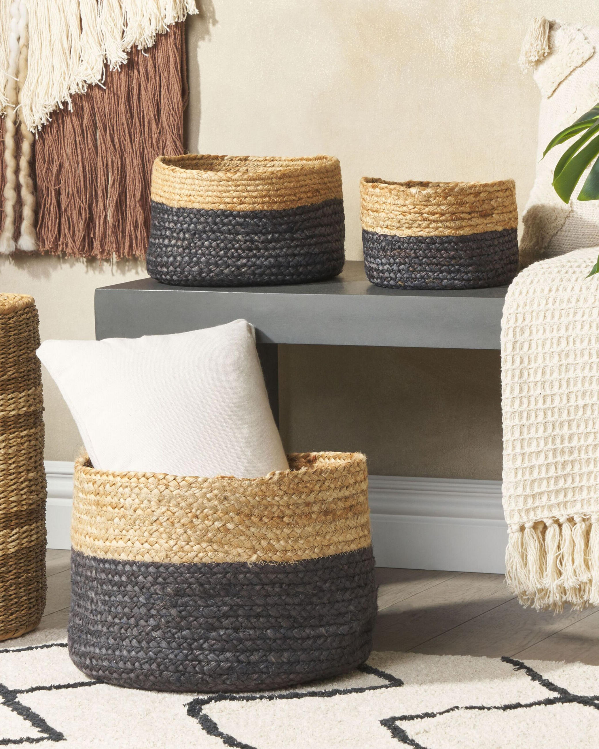 AUFBEWAHRUNGSKORB 3er Set Jute naturfarben/schwarz Jabar - Beige/Schwarz, Naturmaterialien (34/25/34cm) - Beliani