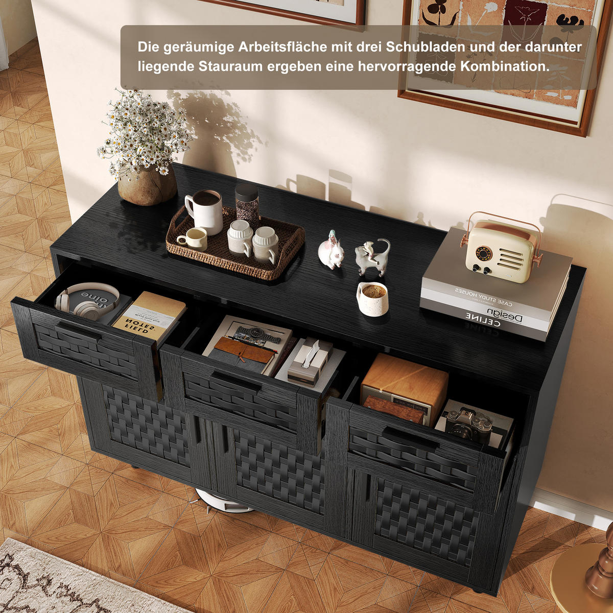 SIDEBOARD im Rattan-Look für das Esszimmer, Aufbewahrungsschrank aus Naturholz, Wohnzimmerschrank mit 3 Schubladen und 3 Türen, schwarz - Schwarz, Holz (40/80/107.9cm) - WoodenAura