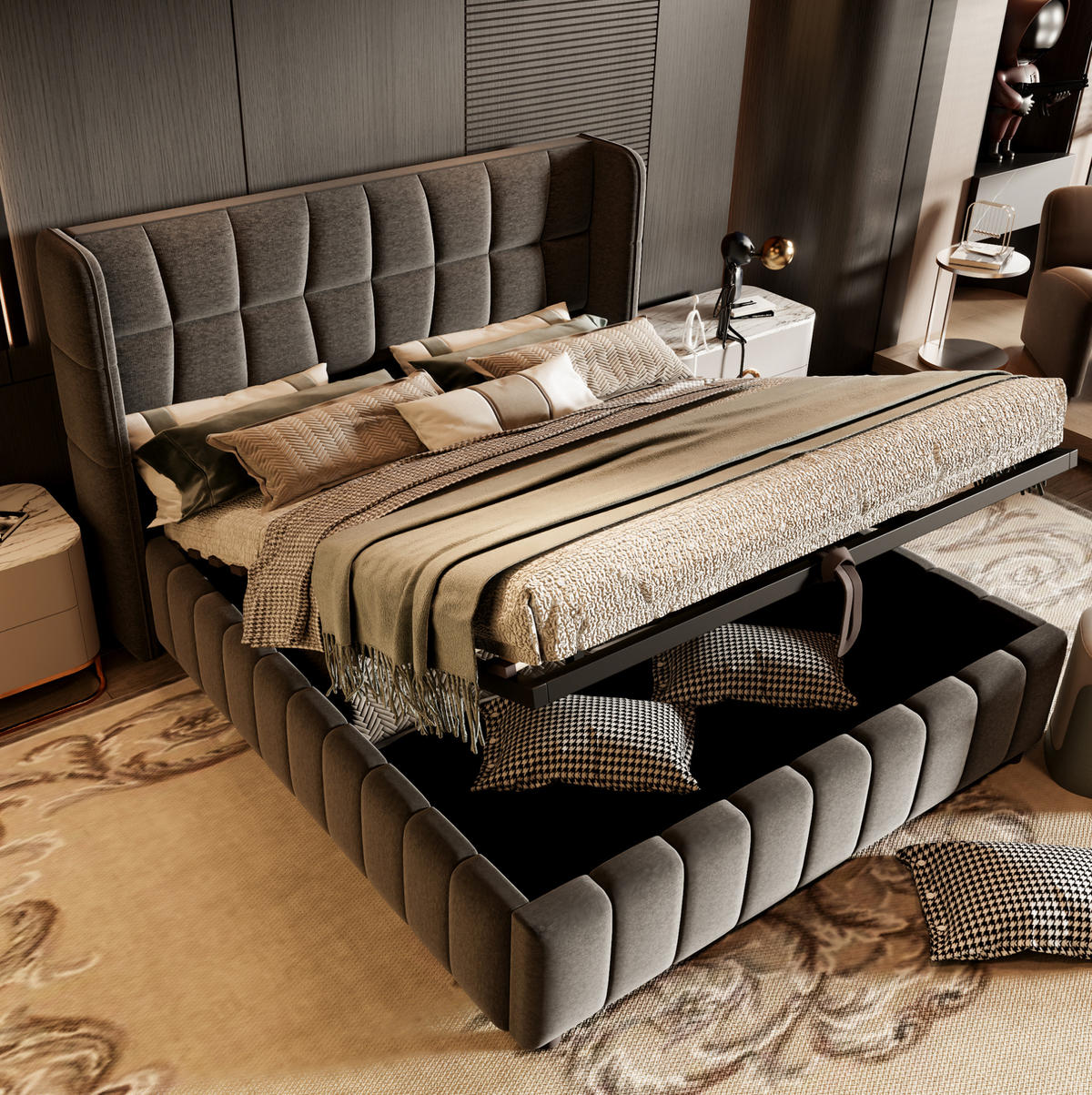 POLSTERBETT 180/200 cm aus Stoff mit Stauraum und Lattenrost Grau - Grau, Textil (180/200cm) - Modenvie