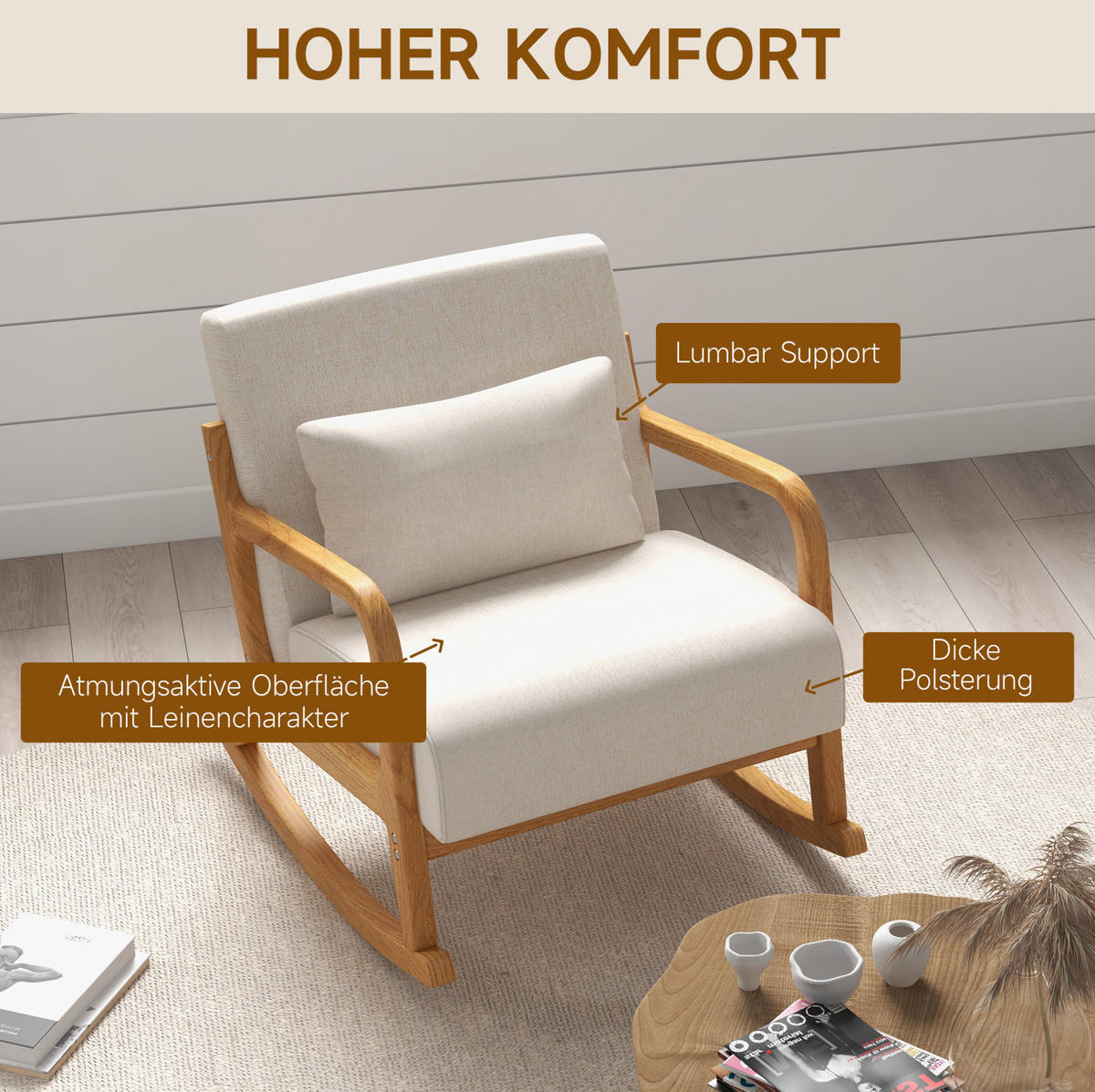 SCHAUKELSESSEL 64,5/92/81,5 cm, Holzgestell, gepolstert, cremeweiß - Creme, Holz (92/81.5/64.5cm) - Redom