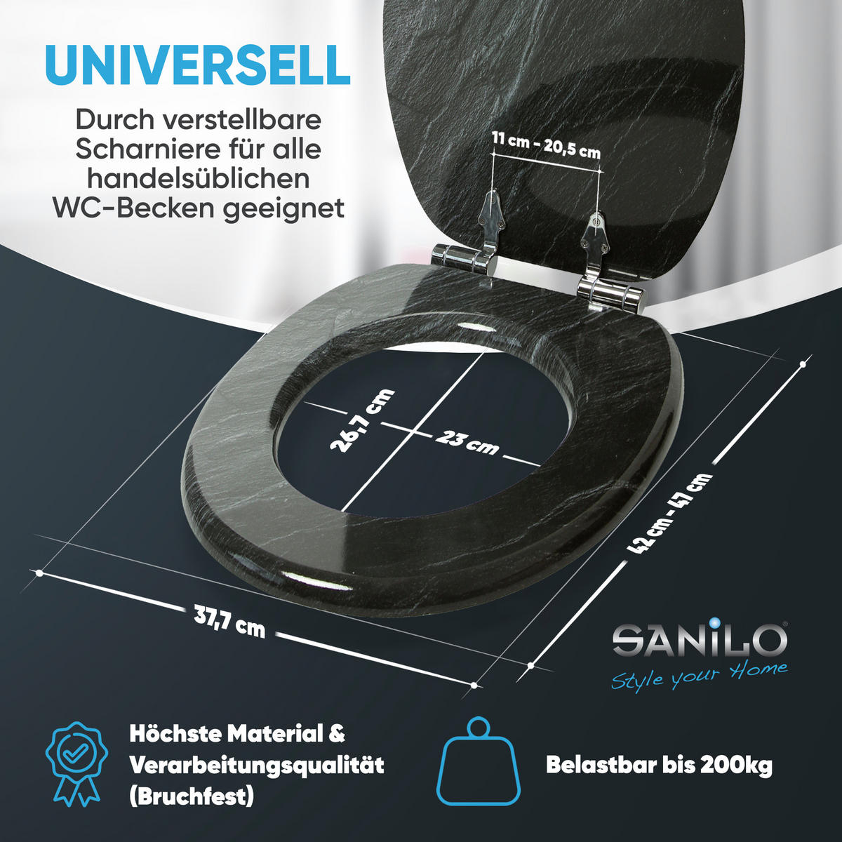 WC-SITZ mit Absenkautomatik Granit - Schwarz, Holzwerkstoff (38/6/47cm) - Sanilo