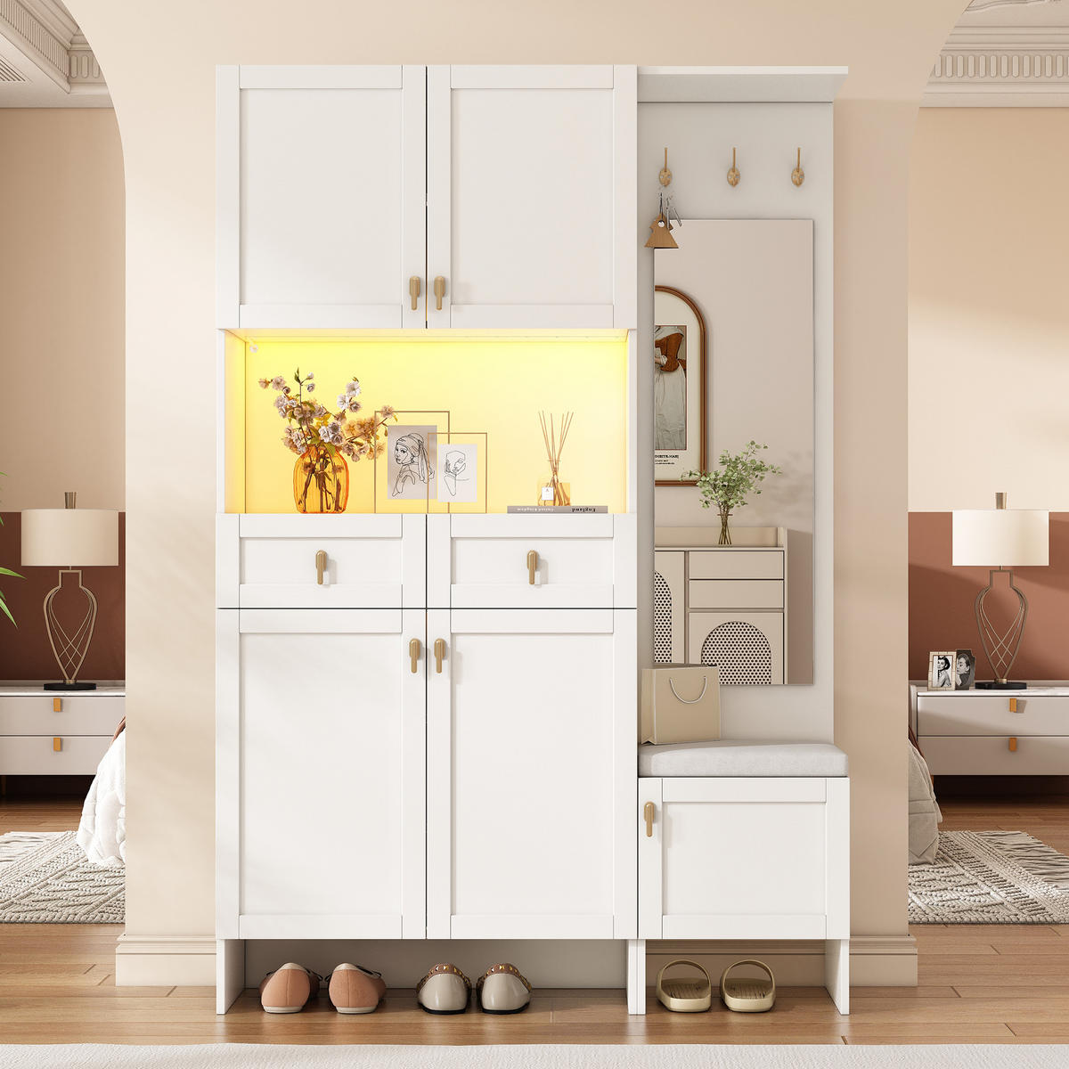 GARDEROBENSET Wand mit Schuhbank Weiß 120x33.5x180cm 3 Haken - Weiß, Holzwerkstoff (33.5/180/120cm) - FLIEKS