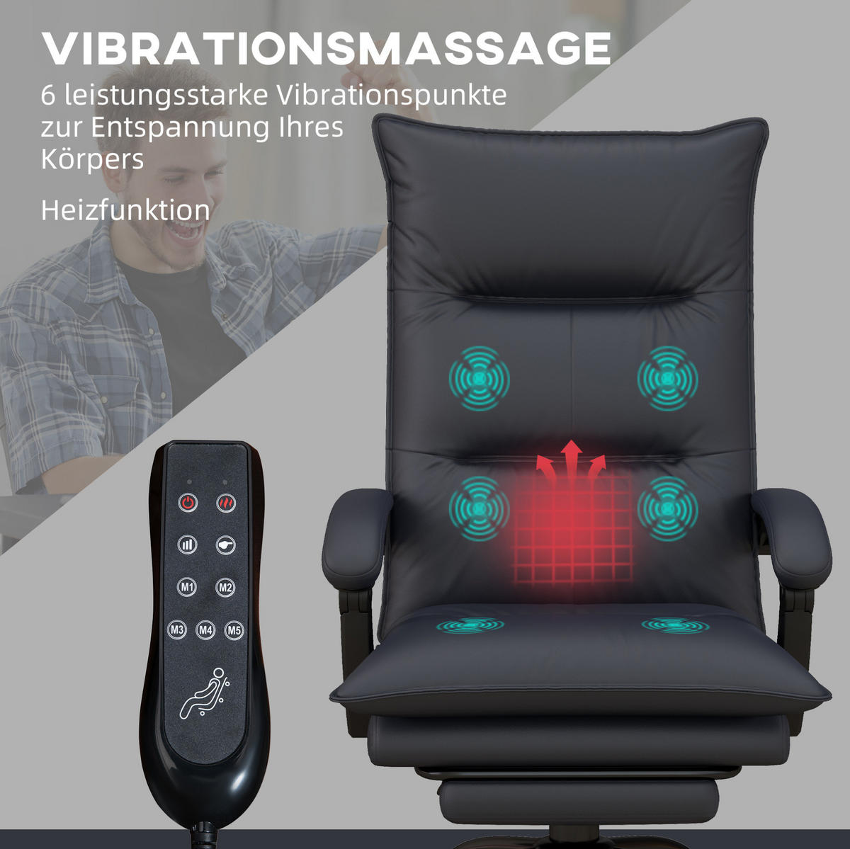 BÜROSTUHL in Dunkelgrau 74x66x121,5 cm mit Massage- und Heizfunktion, verstellbarer Rückenlehne und Fußstütze - Dunkelgrau, Textil (66/121.5/74cm) - IVMEU