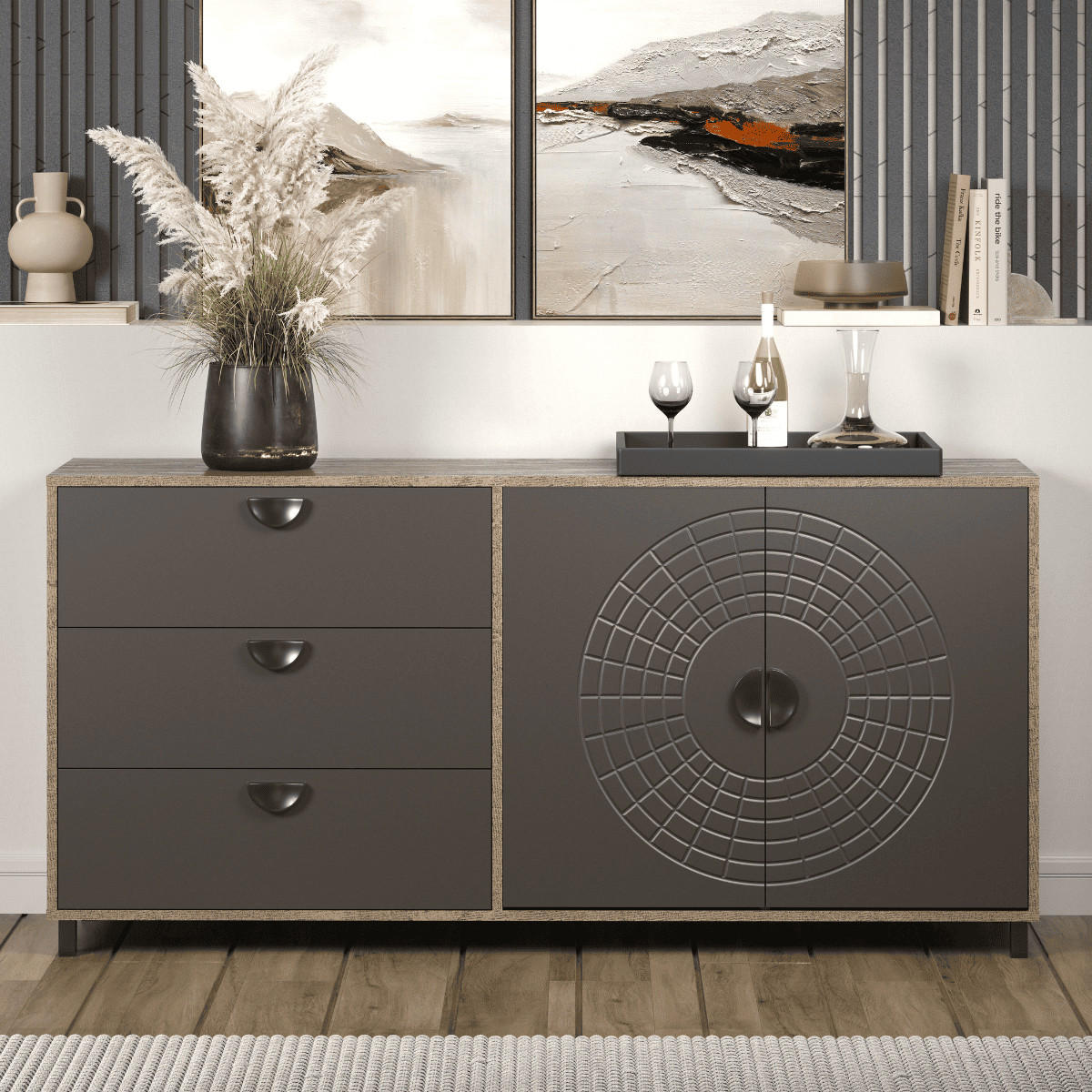 SIDEBOARD mit 2 türen und 3 schubladen - fusion 176/42/86 cm - Eschefarben, Holzwerkstoff (42/86/9cm) - Calicosy