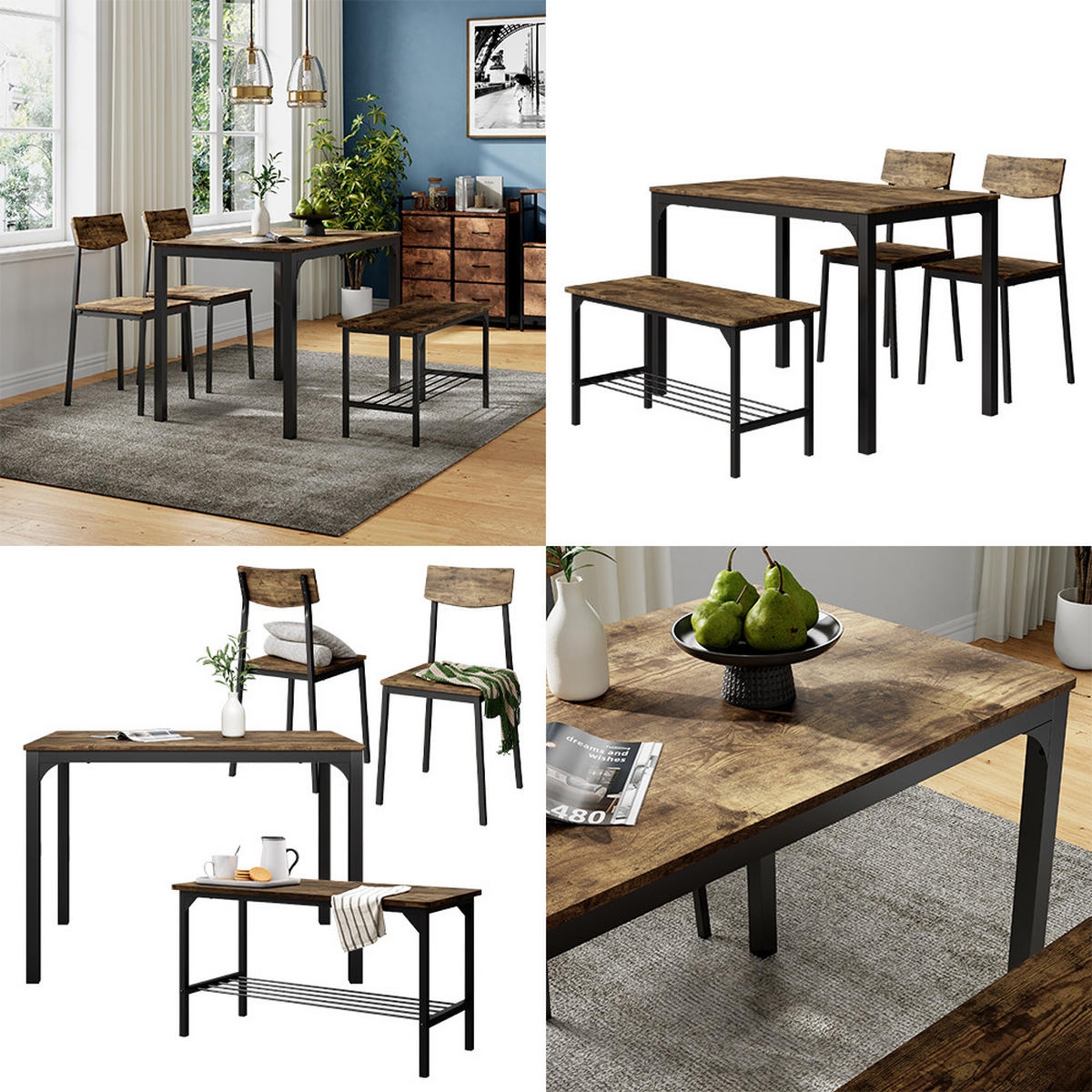 ESSTISCH-SET Fyrk Schwarz/Eiche rustikal 110 x 70 cm 4 Teile - Wildeiche/Schwarz, Holzwerkstoff (110/75/70cm) - Vicco