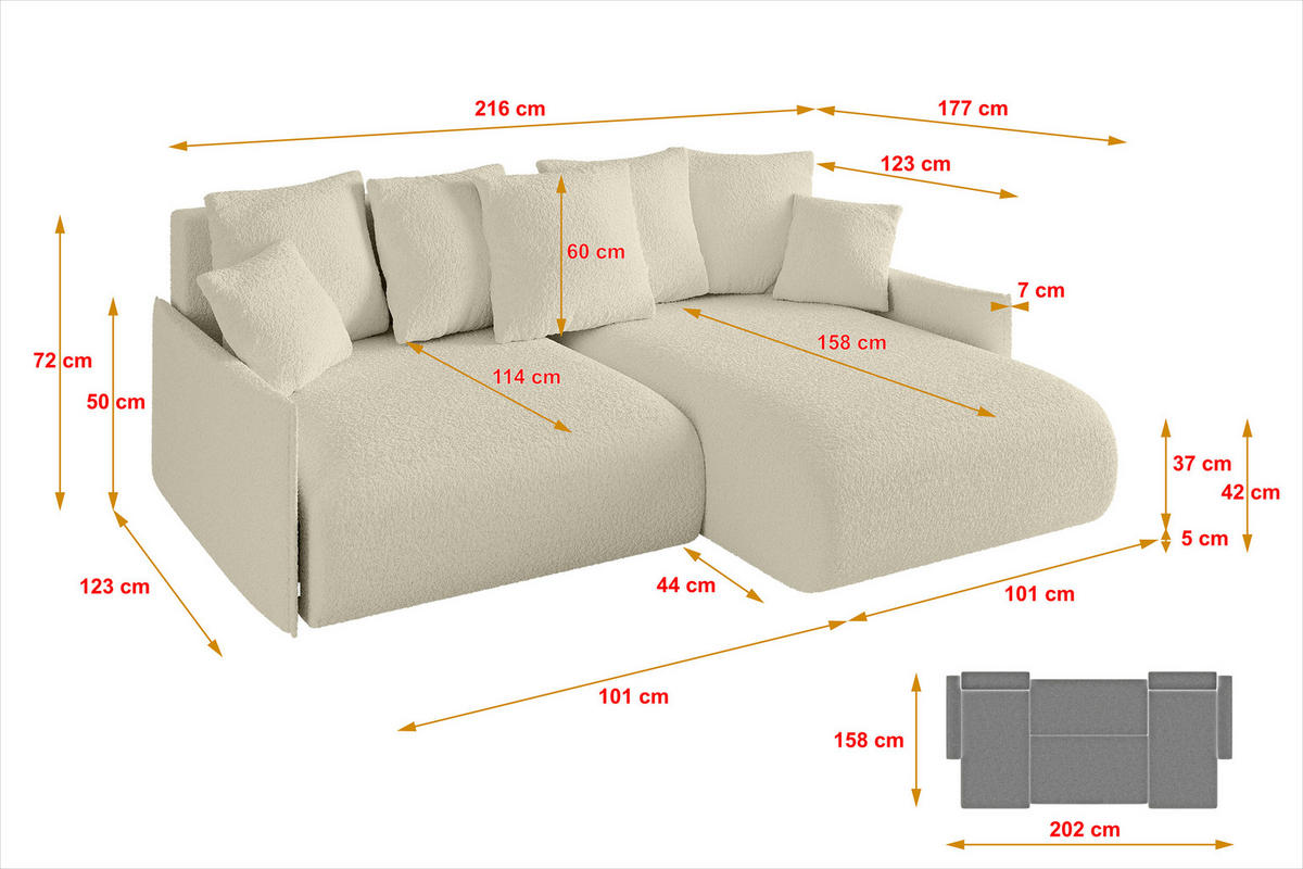 ECKSOFA Ottomane rechts ONESK-L -v1 216x177x72 Beige Bouclé - Creme, Holzwerkstoff/Kunststoff (177/216cm) - ALTDECOR