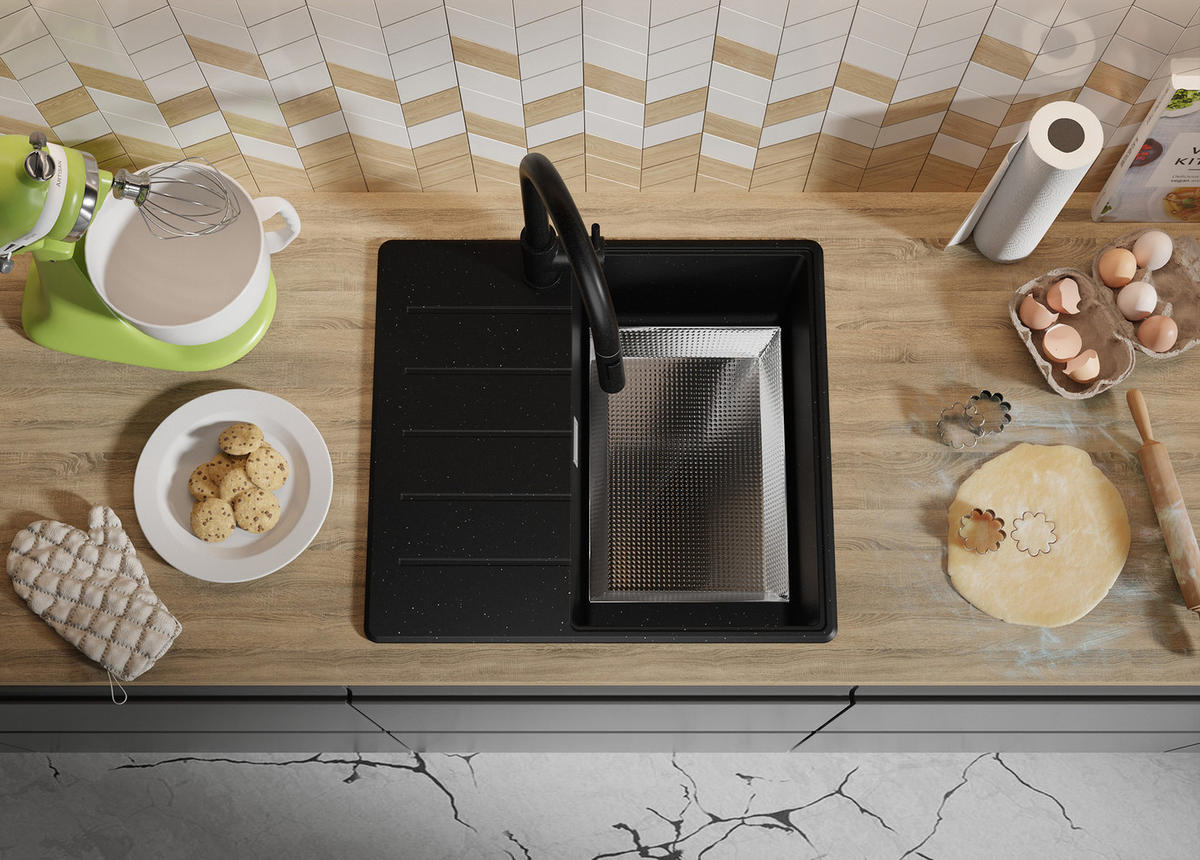 SPÜLBECKEN Kopenhagen, 2-er set Schwarz Metallic 55/50 cm 1 Becken + Ablauf-Set + Schneidebrett ab 40er Unterschrank - Chromfarben/Schwarz Hochglanz, Kunststoff (55/20/50cm) - Primagran