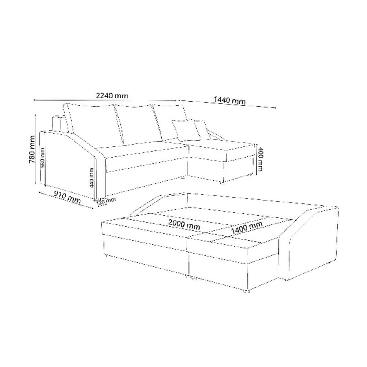 SOFA L FORM Ecksofa Beige 224 x 144 cm inkl. Stauraum - Beige, Holz (224/144cm) - VitaliSpa