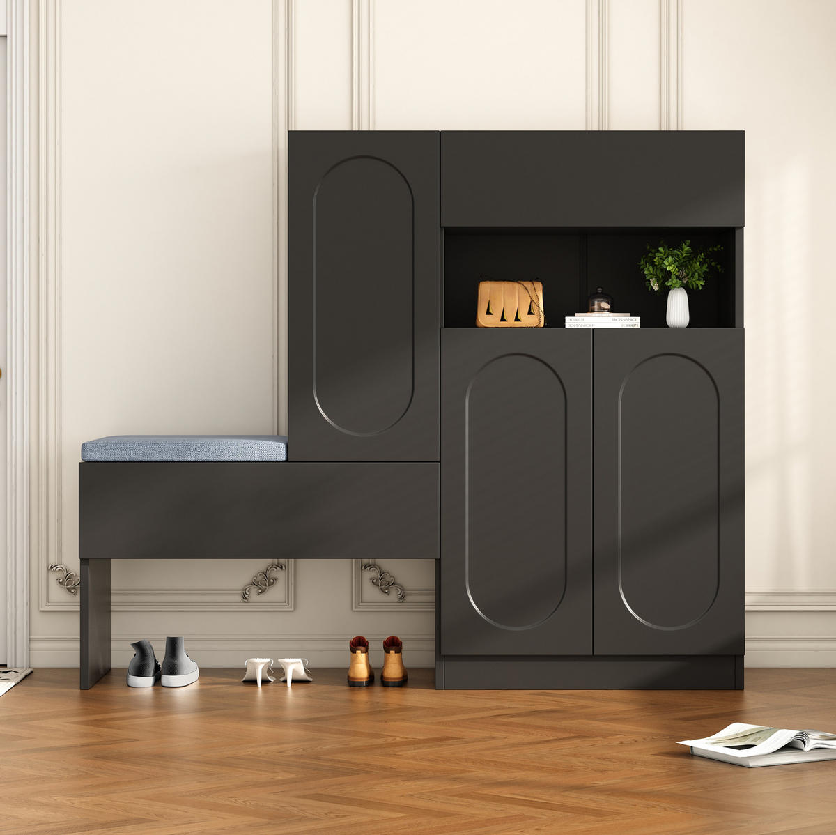 SCHUHSCHRANK 130/110/35 cm Schwarz aus Spanplatte mit Sitzbank - Schwarz, Holzwerkstoff (130/110/35cm) - OKMYHOME