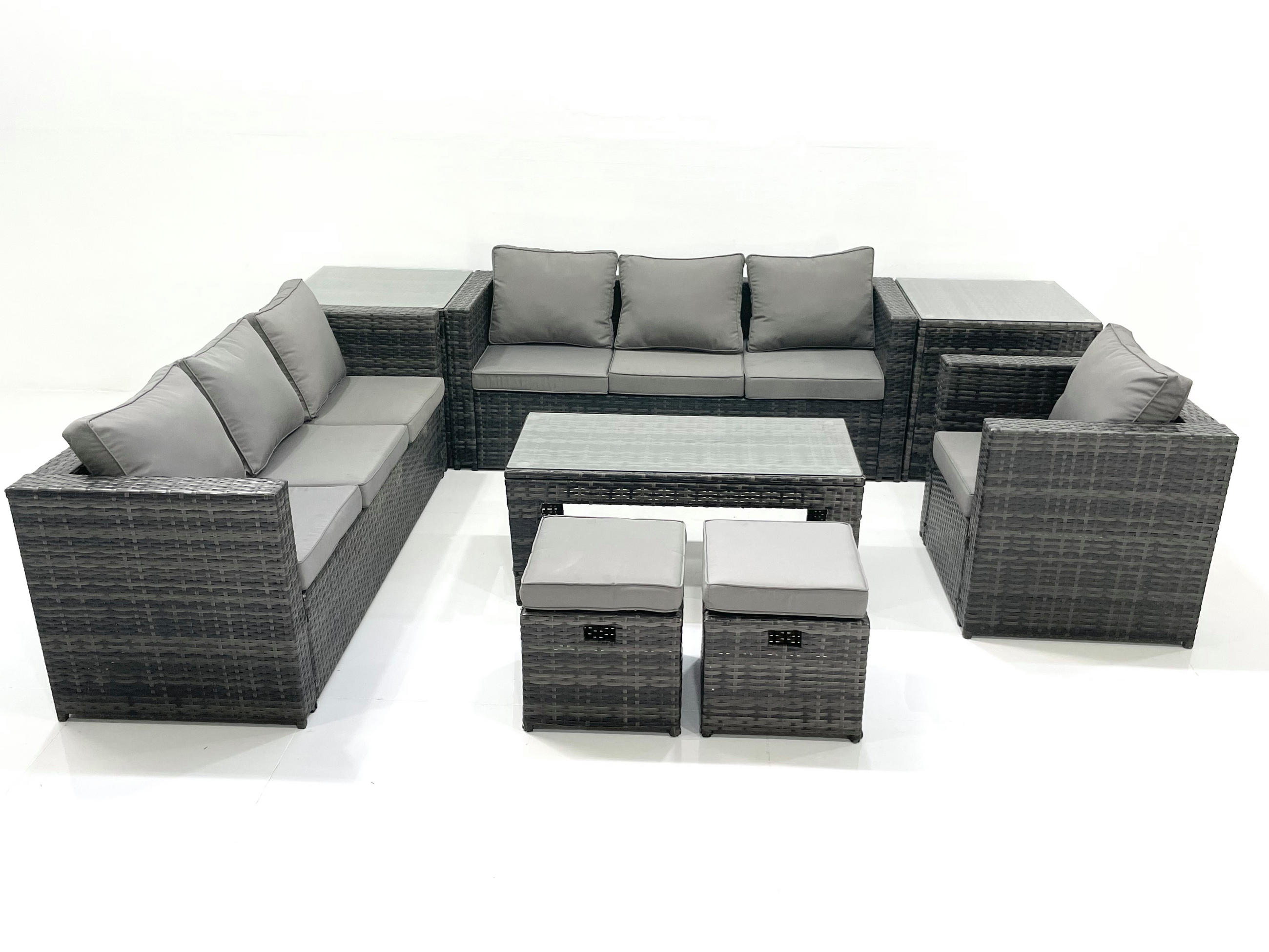 GARTENMÖBEL-SET COUCHTISCH SESSEL SOFA mit HOCKER Polyrattan Dunkelgrau Gemischt 9-Sitzer - Dunkelgrau/Grau, Glas/Kunststoff - Fimous