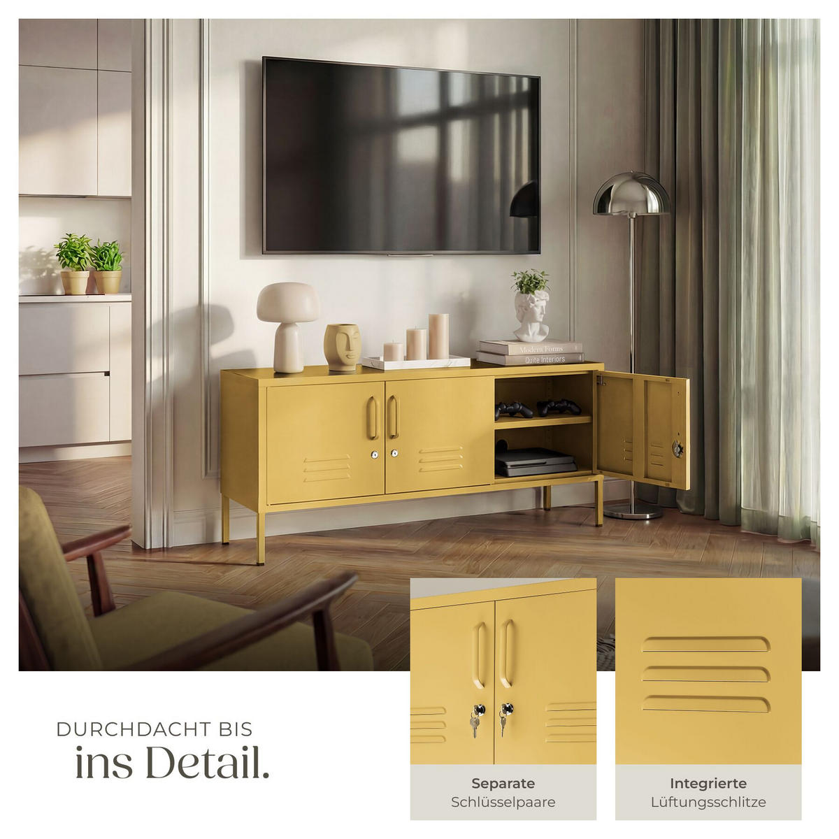 SIDEBOARD Baker, Kippschutz, höhenverstellbare Füße, gelb - Gelb, Metall (120/55.5/37.5cm) - tectake