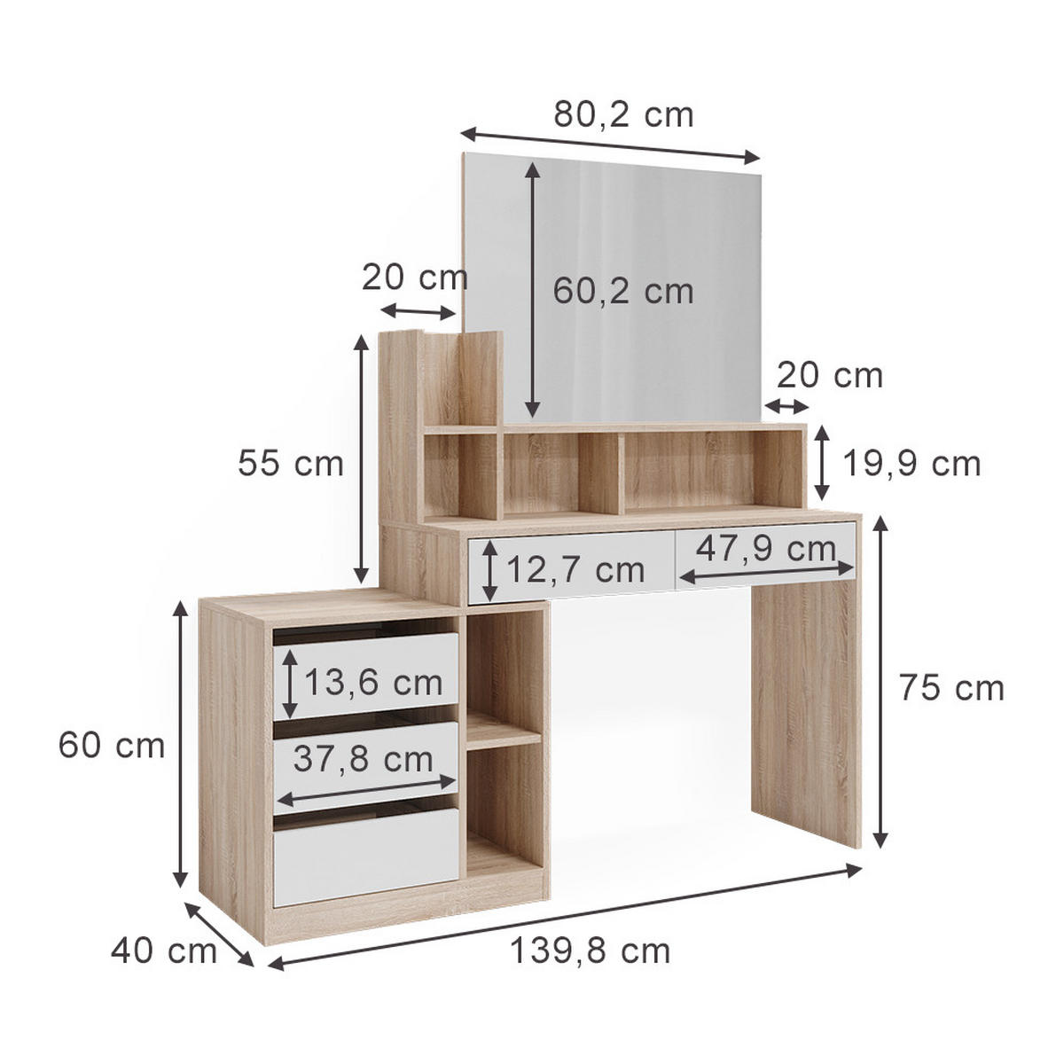 SCHMINKTISCH Anja Weiß/Sonoma 139.8 cm - Weiß/Sonoma Eiche, Holzwerkstoff (139.8/115/40cm) - Vicco