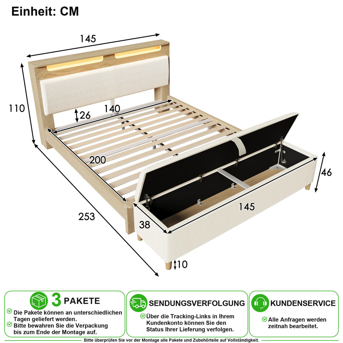 ČALOUNĚNÁ POSTEL 140/200 cm v béžové a dubové barvě s LED osvětlením, úložným prostorem a lavicí - béžová, kov/kompozitní dřevo (140/200cm) - CHICFURN