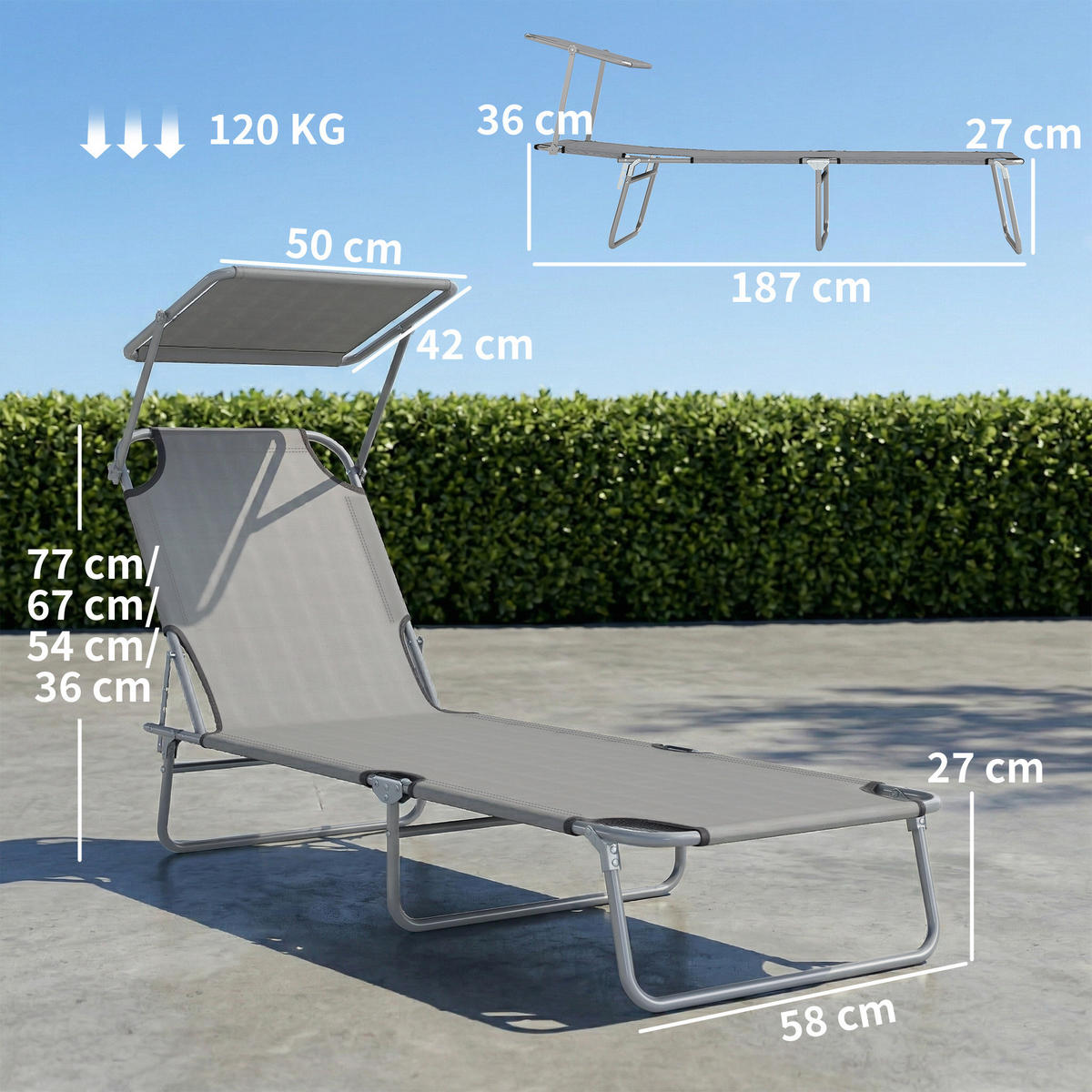 SONNENLIEGE, Gartenliege, Wellnessliege, Strandliege, klappbar, mit Sonnenschutz, 187 x 58 x 36 cm, Grau - Hellgrau, Metall (187/36/58cm)