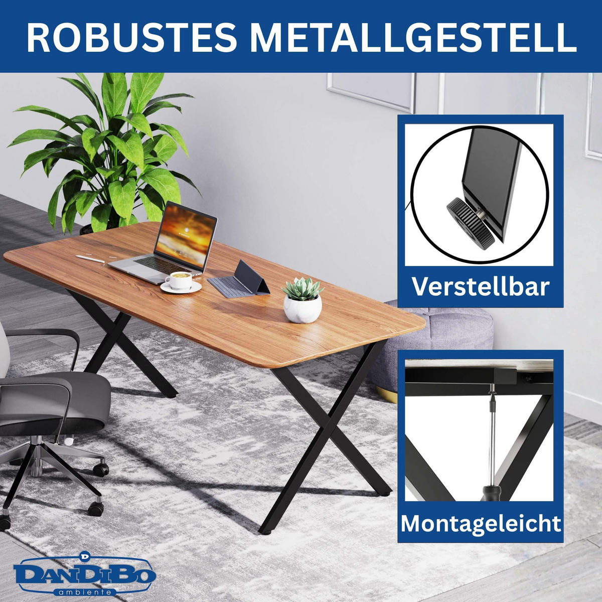 TISCHBEINE 2x Metall Schwarz 72 x 68 cm Tischgestell Höhenverstellbar - Schwarz, Metall (68/72/5cm) - DanDiBo
