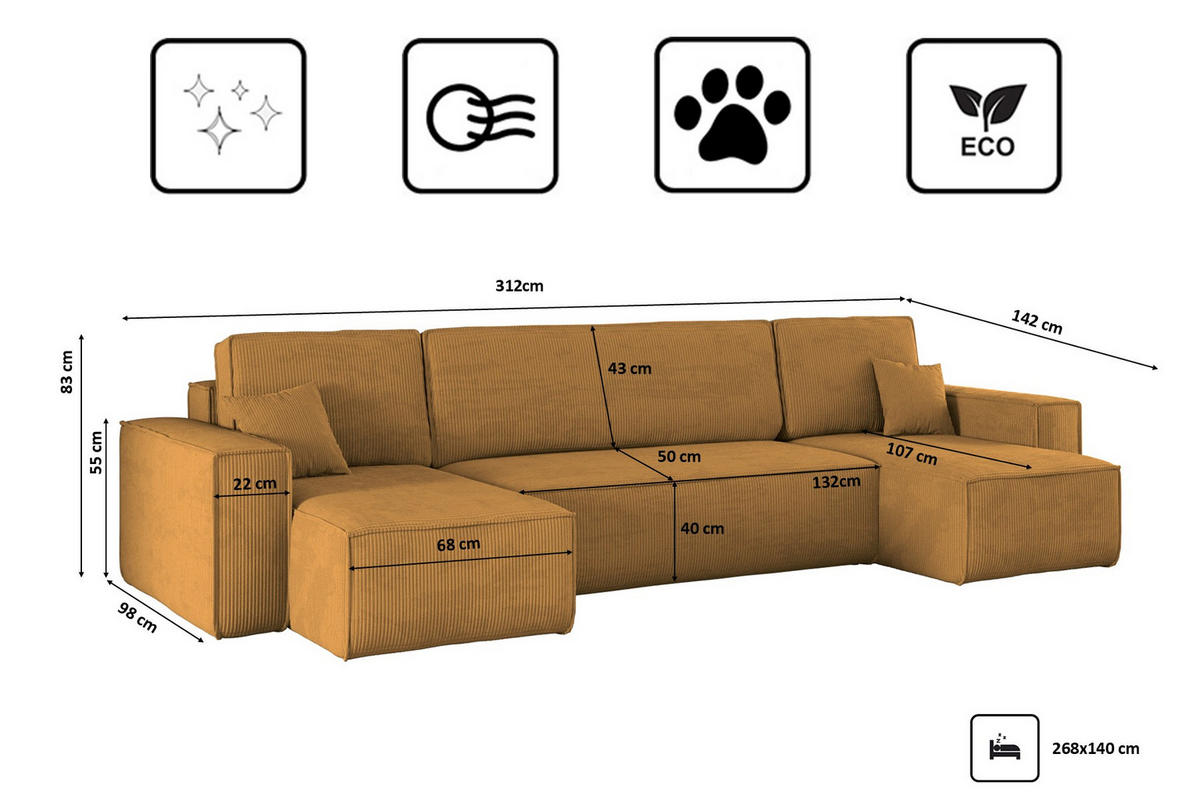 ECKSOFA Mit Schlaffunktion Und Bettkasten BEST Dicker Cord Poso Senffarbe - Gelb, Holz/Textil (312/142cm) - Kaiser Möbel
