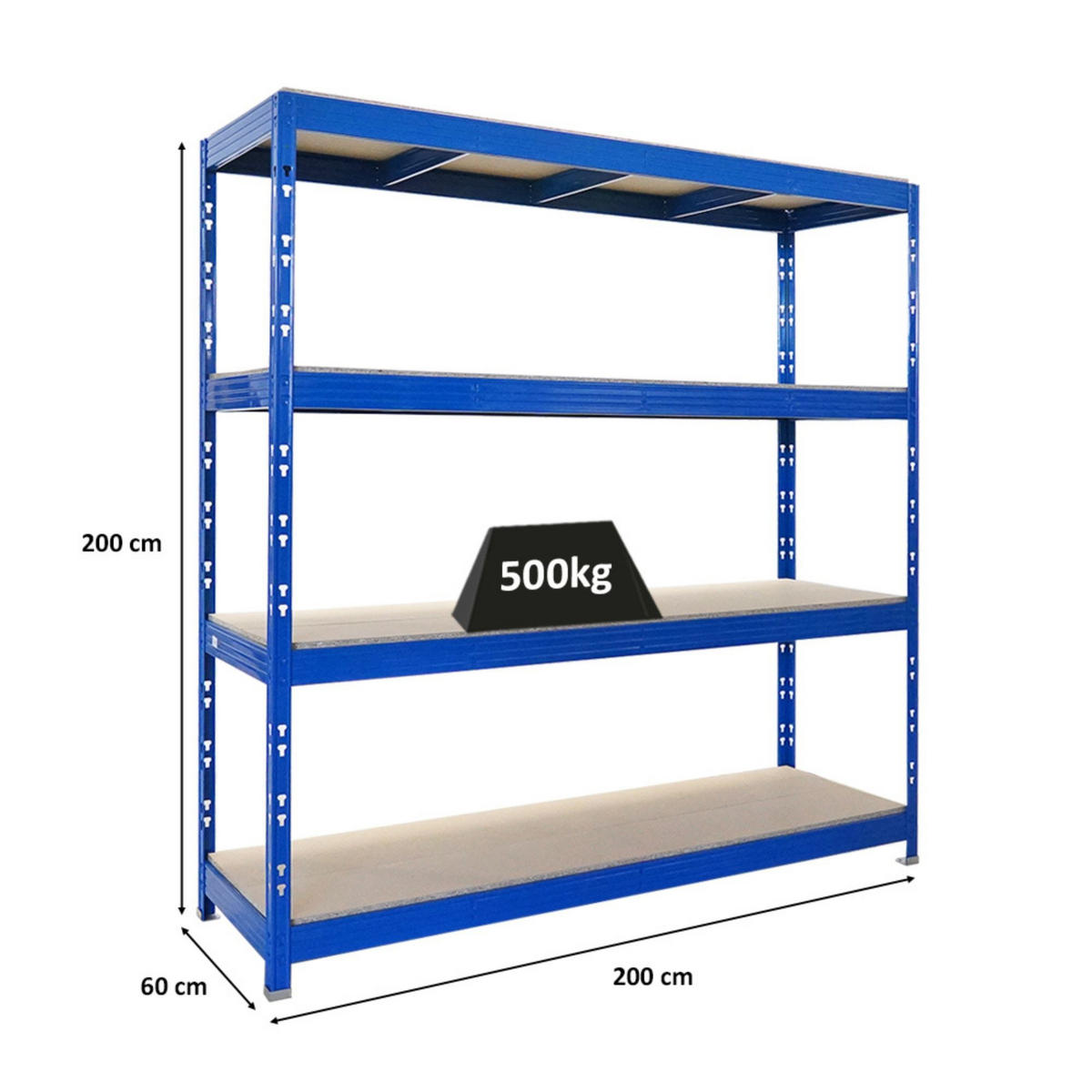SCHWERLASTREGAL Rhino 200x200x60 cm 4 Spanplatten-Ebenen 16mm Fachlast 500 kg Blau - Blau, Metall (200/200/60cm) - PROREGAL