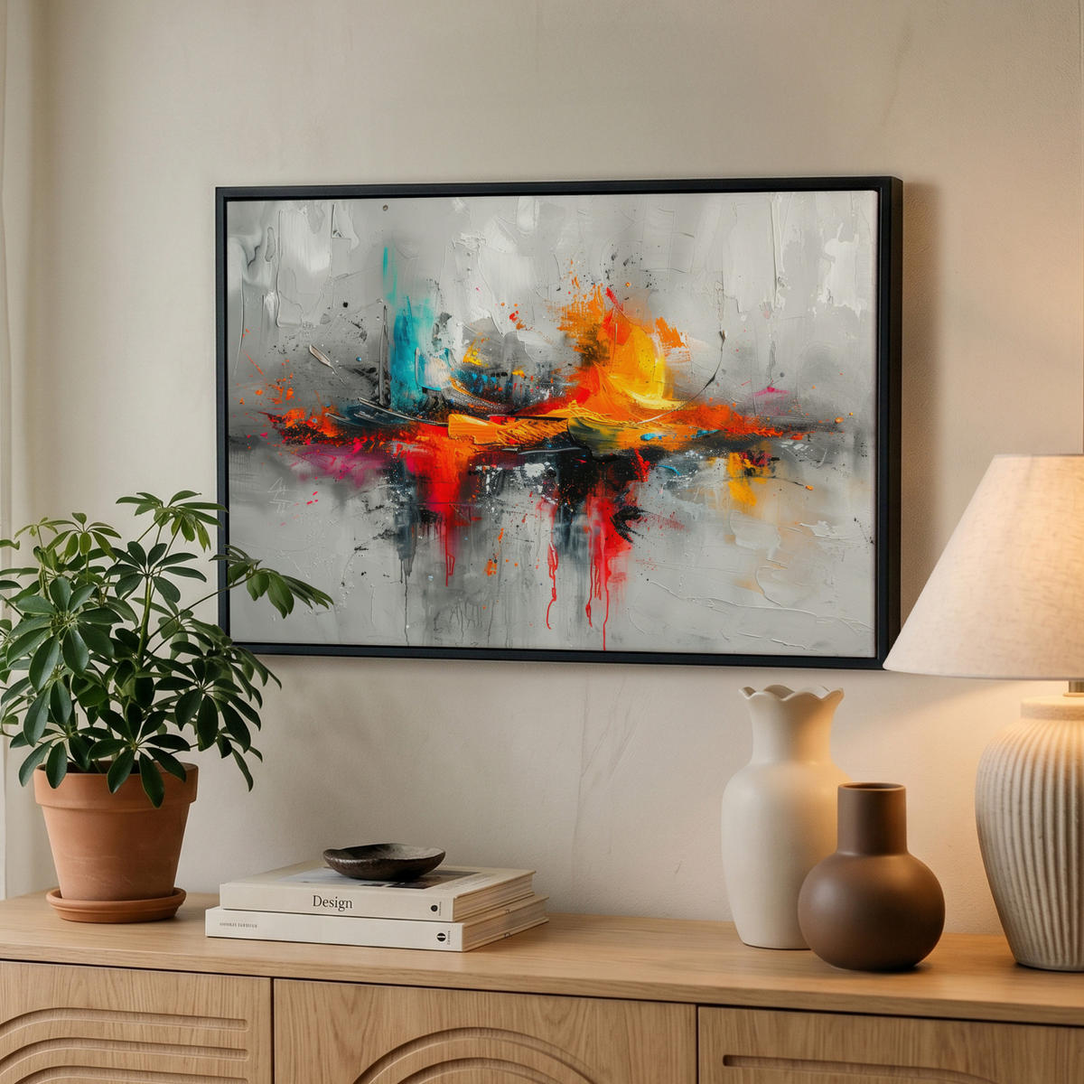 LEINWAND Bilder mit Rahmen - Moderne Kunst - Orange - Grau - Abstrakt - 60x40 - Hellgrau, Textil (60/40cm) - MuchoWow