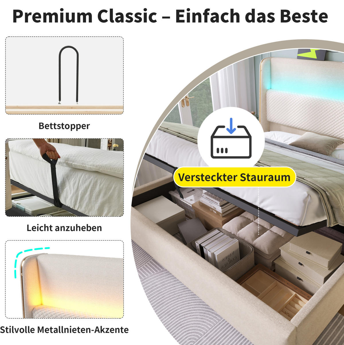 ČALOUNĚNÁ postel 140x200 cm béžová z lnu s LED osvětlením, USB/Type-C a úložným prostorem - béžová, textil (140/200cm) - OKWISH