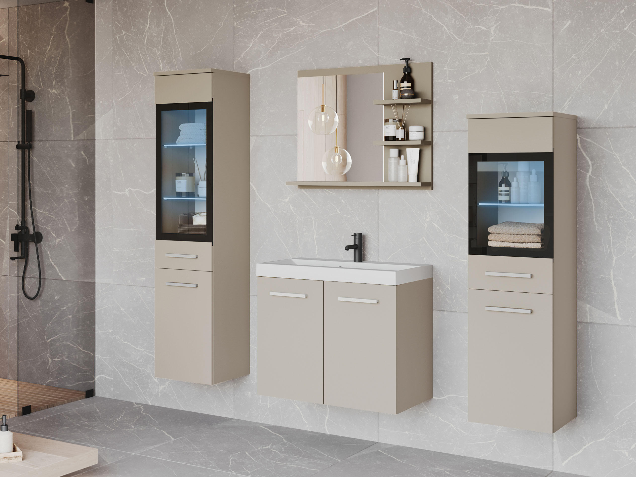 BADMÖBEL-SET Madrit I mit RGB LED Beleuchtung - Kaschmir, Holzwerkstoff (30/132/30cm) - MIRJAN24