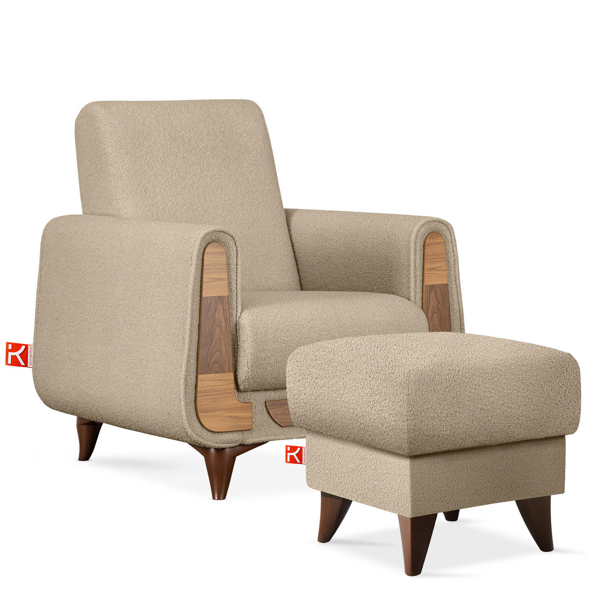 HOCKER GUSTAVO Fußstütze, Bouclé, Beige - Beige, Holz/Holzwerkstoff (53/49/53cm) - KONSIMO®