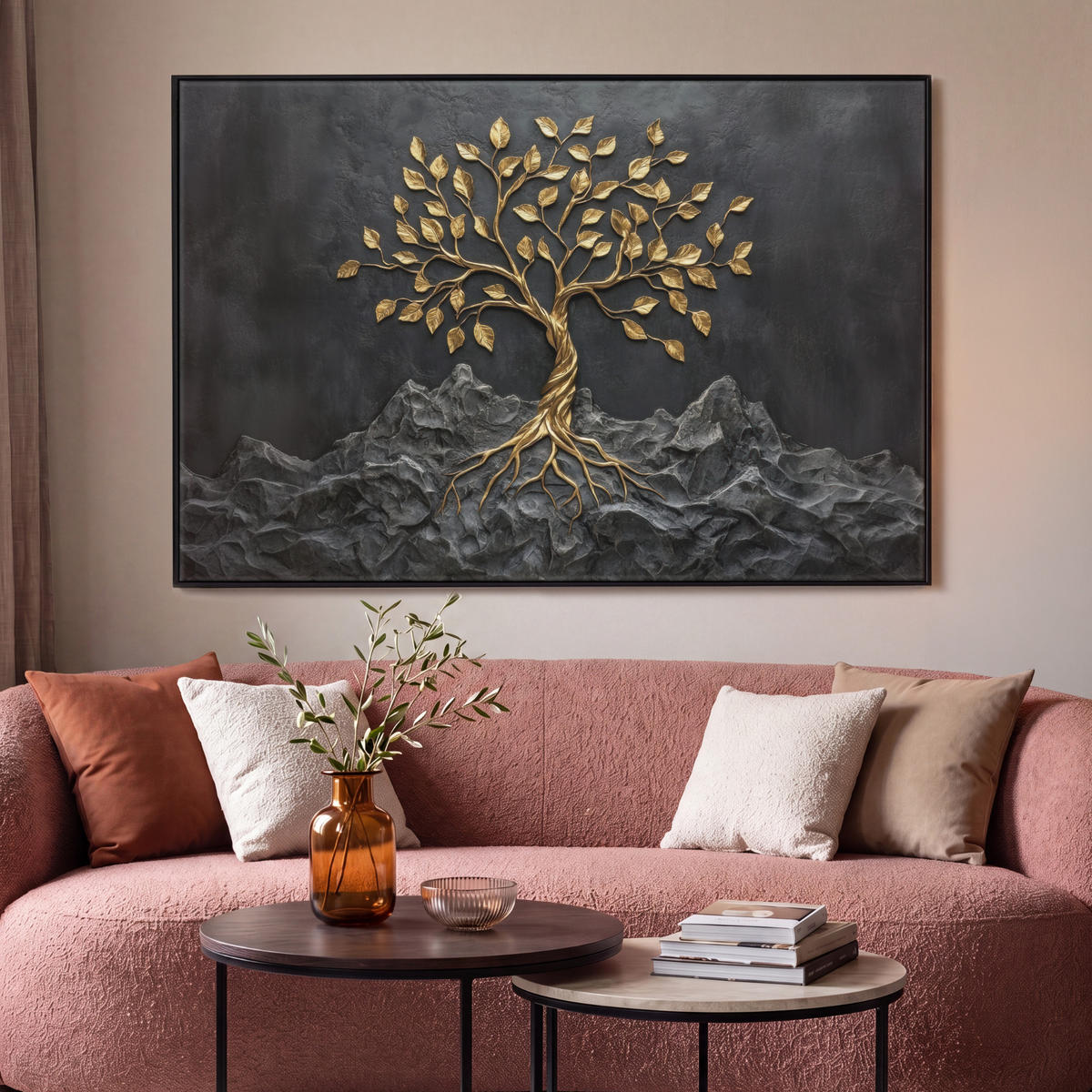LEINWAND Bilder mit Rahmen - Blätter - Gold - Baum - Fels - 120x80 - Schwarz, Textil (120/80cm) - MuchoWow