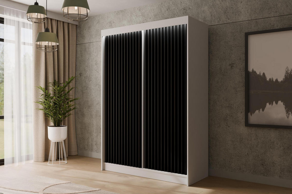 KLEIDERSCHRANK mit LED, Lamel-Schiebetüren VILANv2 - 120 cm Weiß + Lamelle schwarz - Schwarz/Weiß, Holzwerkstoff (120/215/61cm) - ALTDECOR