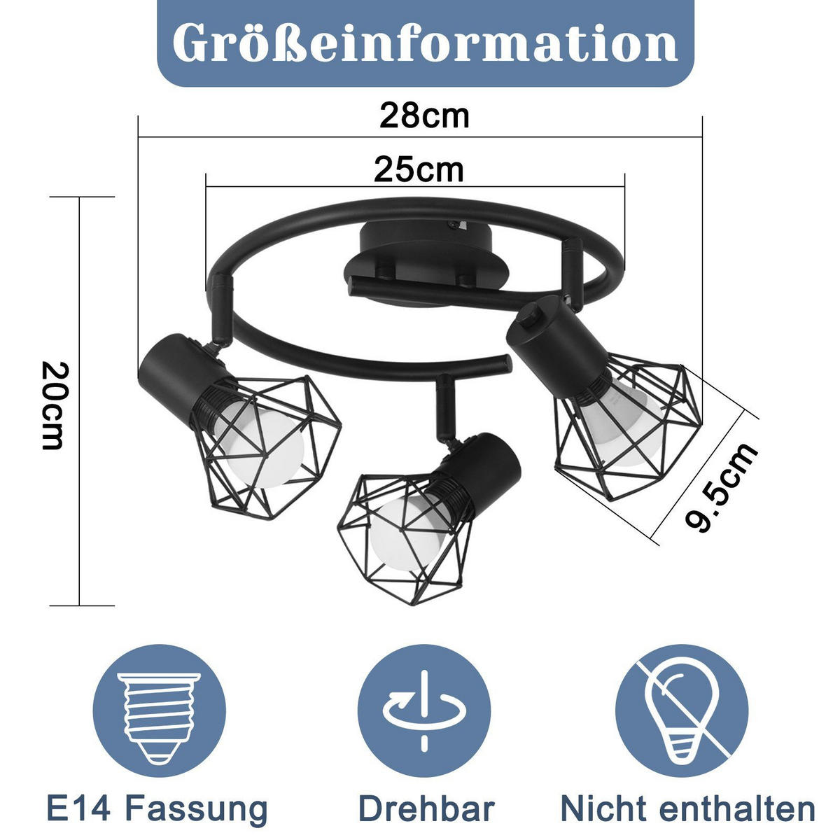 DECKENLEUCHTE Diamonds 28/25/20 cm - Schwarz, Metall (28/25/20cm) - Nettlife