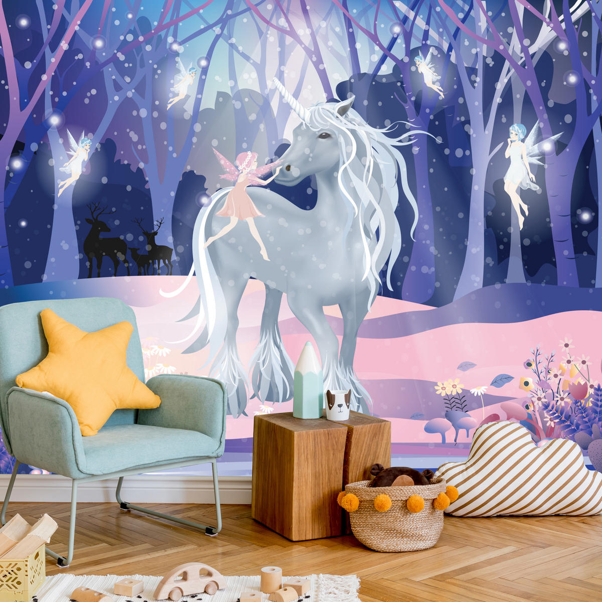 FOTOTAPETE für Kinderzimmer Einhorn Feen Magischer Wald 300x210 - Blau/Violett, Papier (300/210cm) - Muralo