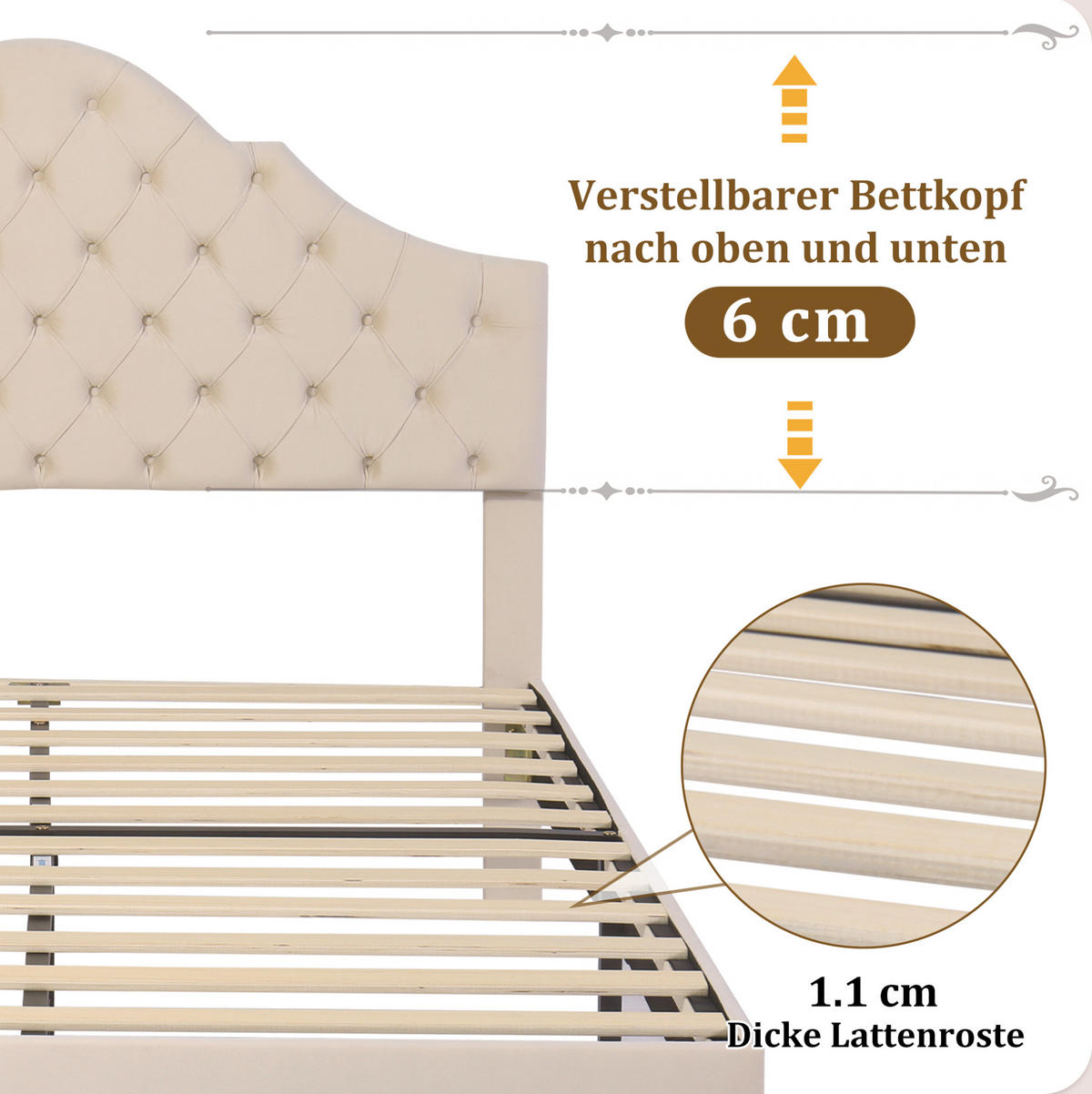 POLSTERBETT 140/190 cm Off White aus Velours mit höhenverstellbarem Kopfteil - Beige, Textil (140/190cm) - OKMYHOME