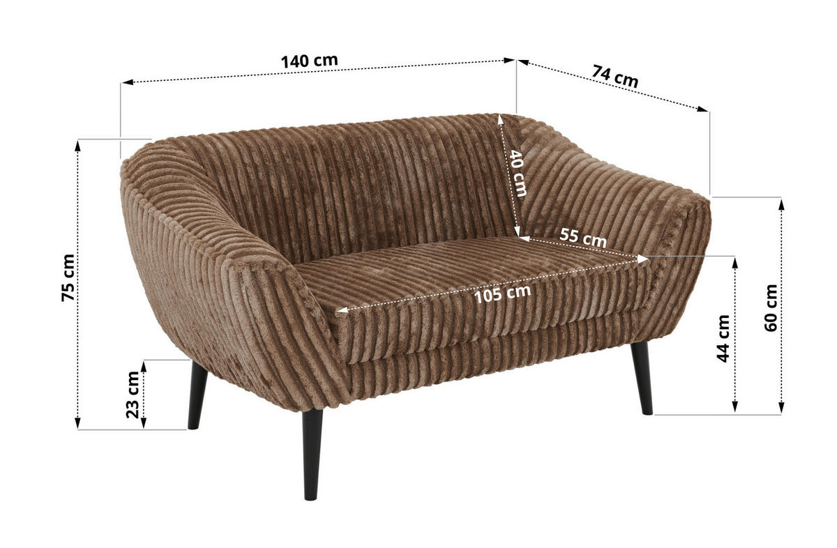 2-SITZER-SOFA PIRS - Braun Cord - Schwarze Beine - Schwarz/Braun, Holzwerkstoff/Textil (140/75/74cm) - MKS