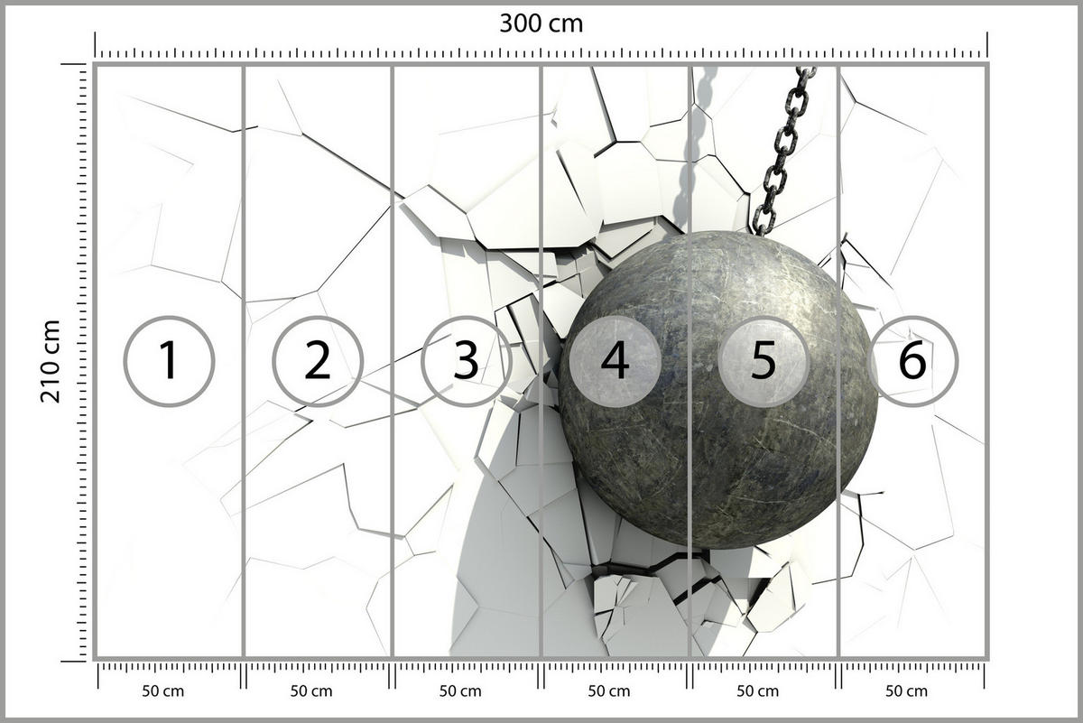 FOTOTAPETE für Büro Metallkugel Riss Weiße Wand 300x210 - Weiß/Grau, Papier (300/210cm) - Muralo