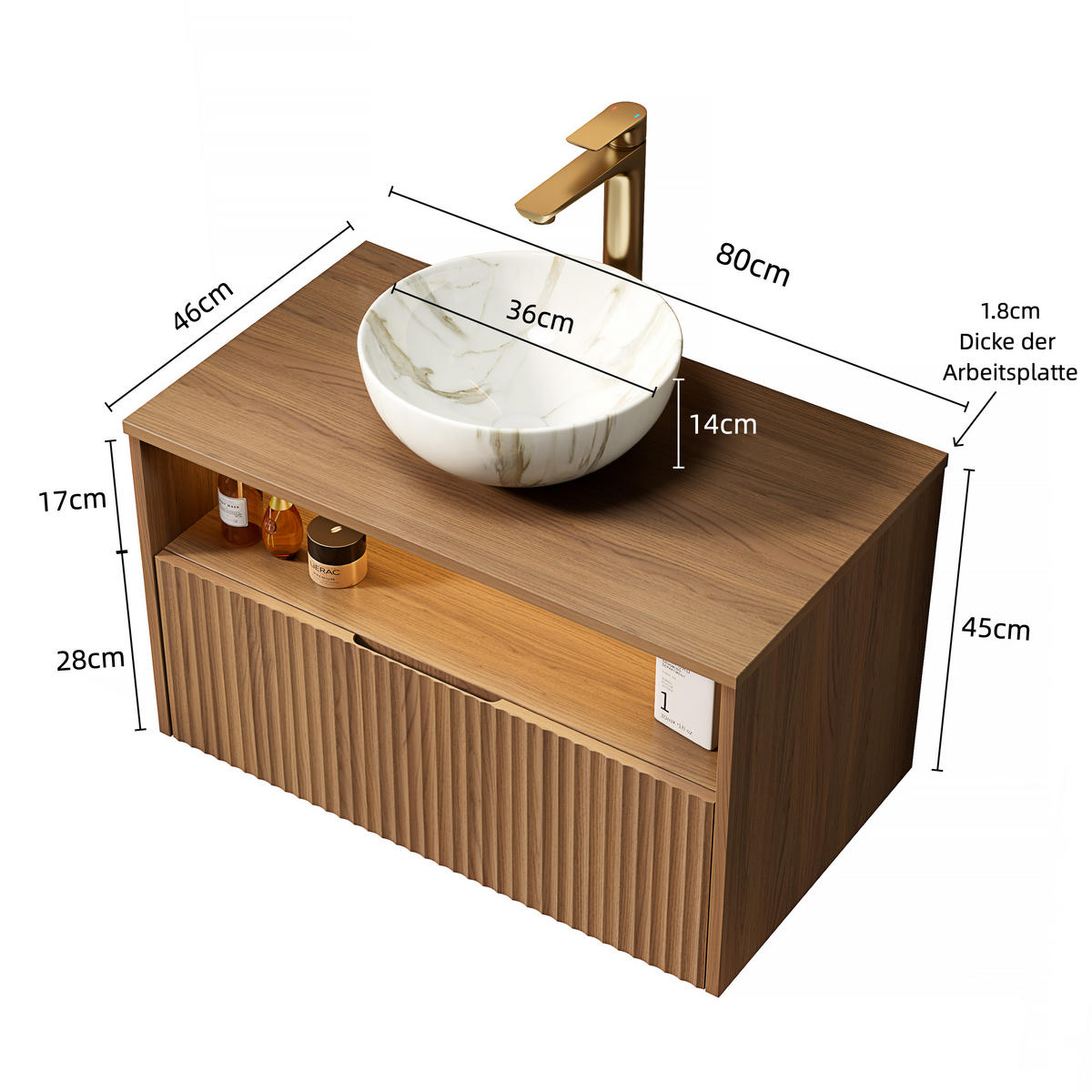 WASCHTISCHKOMBI 80x46x60.8cm in Braun mit Massivholzfront, Waschbecken & Sensor-LED - Braun, Keramik (80/60.8/46cm) - Modfu