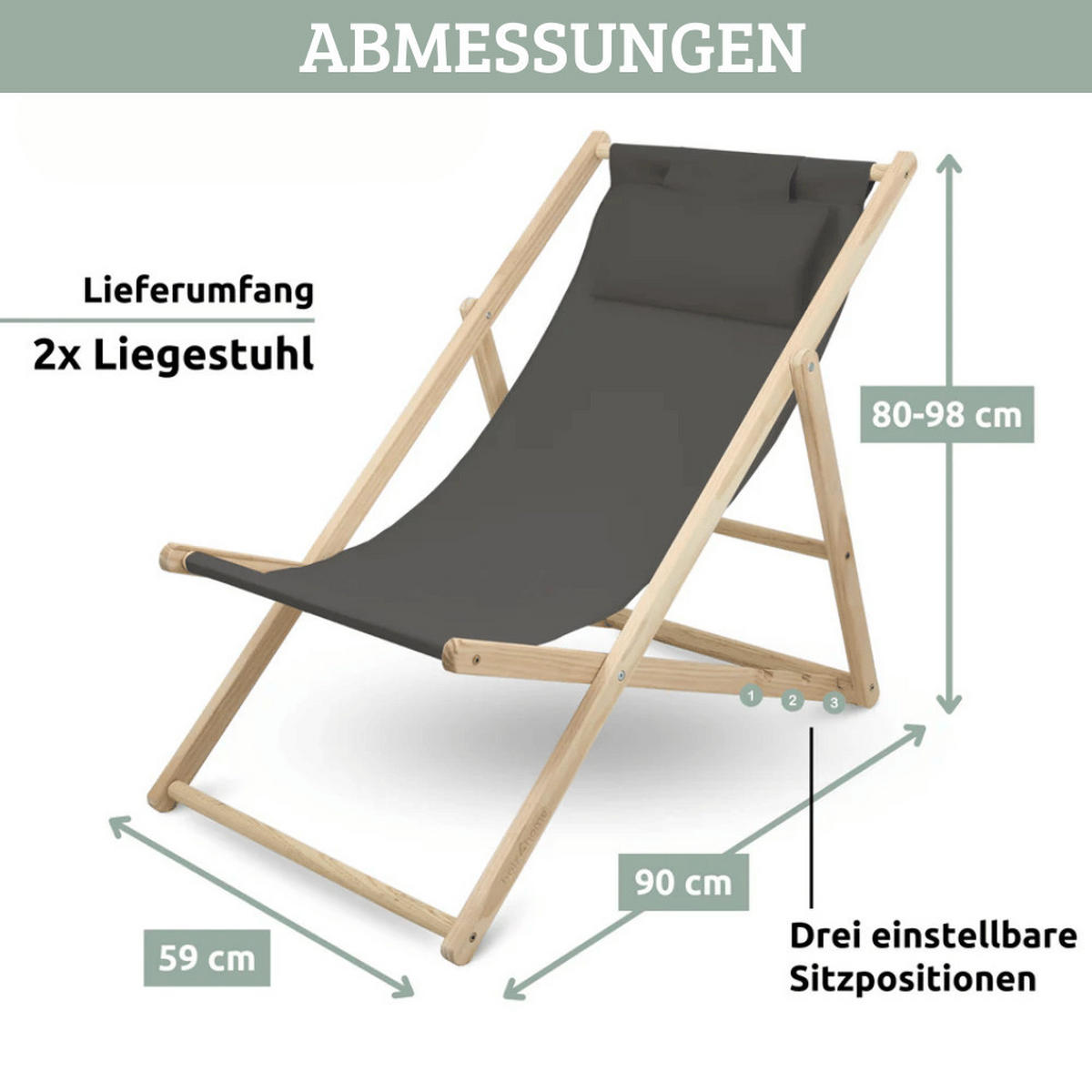 SONNENLIEGE Holz klappbar FRIEDA 2er Set Liegestuhl Anthrazit - Anthrazit, Holz (59/80/90cm) - DELUKE