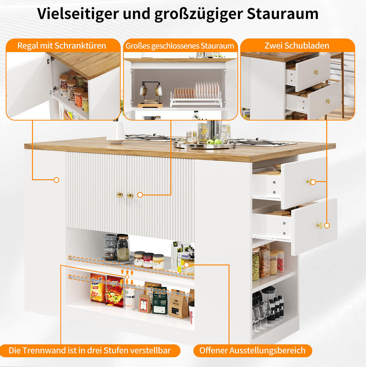 KÜCHENINSEL aus MDF mit klappbarer Tischplatte & Stauraum, 140/40/90 cm, Weiß - Weiß, Holzwerkstoff (40/90/140cm) - Redom