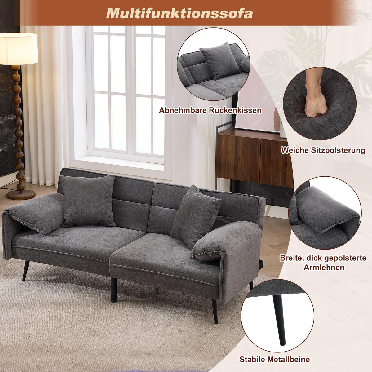 2-SITZER Schlafsofa, Stoff mit 3-fach verstellbarer Rückenlehne, 167,5/73/70 cm, Grau - Grau, Textil (73/70/167.5cm) - Redom