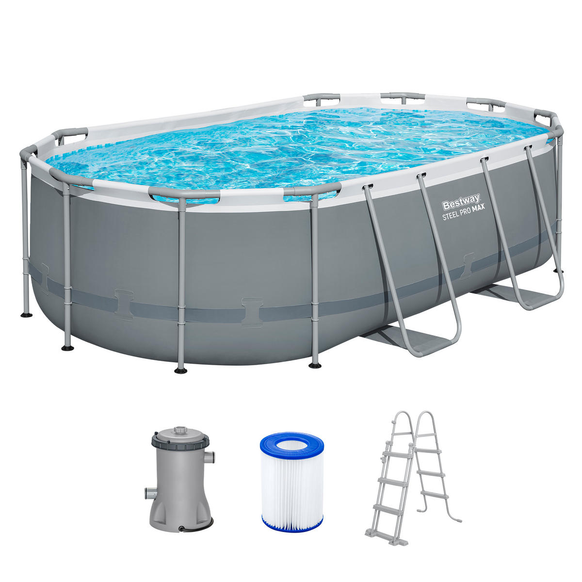 POOL Bestway 56620 Power Steel Frame Set in grau 427 x 250 x 100 cm mit Filterpumpe - Grau, Kunststoff/Metall (427/100/250cm)