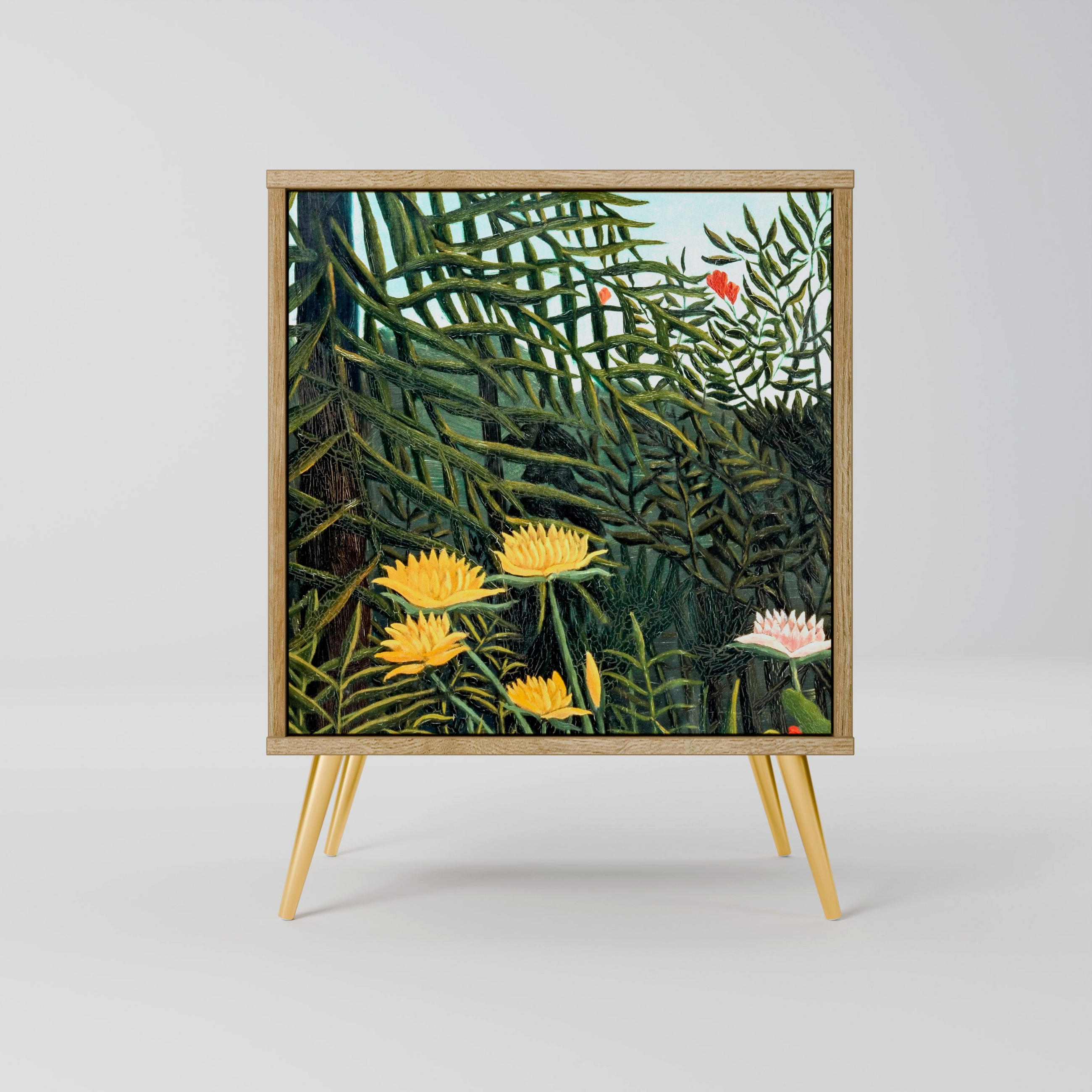 SIDEBOARD VIRGIN FOREST WITH SUNSET, Eichefarben, 57,5x42x75,5 cm, Goldfarbene Metallfüße - Eichefarben/Goldfarben, Holzwerkstoff/Metall (57.5/75.5/42cm) - SpaceRebels