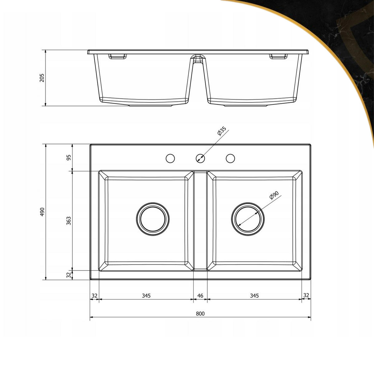 SPÜLBECKEN Twin Schwarz 800/490/205 mm - Schwarz, Stein (42/42/20cm) - Granitan