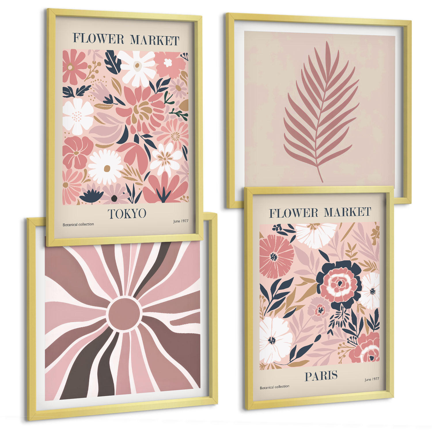 BILDER SET 4er Set - 50x50 cm & 40x60 cm Goldrahmen - Blumenmuster, Blätter, Geometrie - Goldfarben, Kunststoff (50/50cm) - TULUP