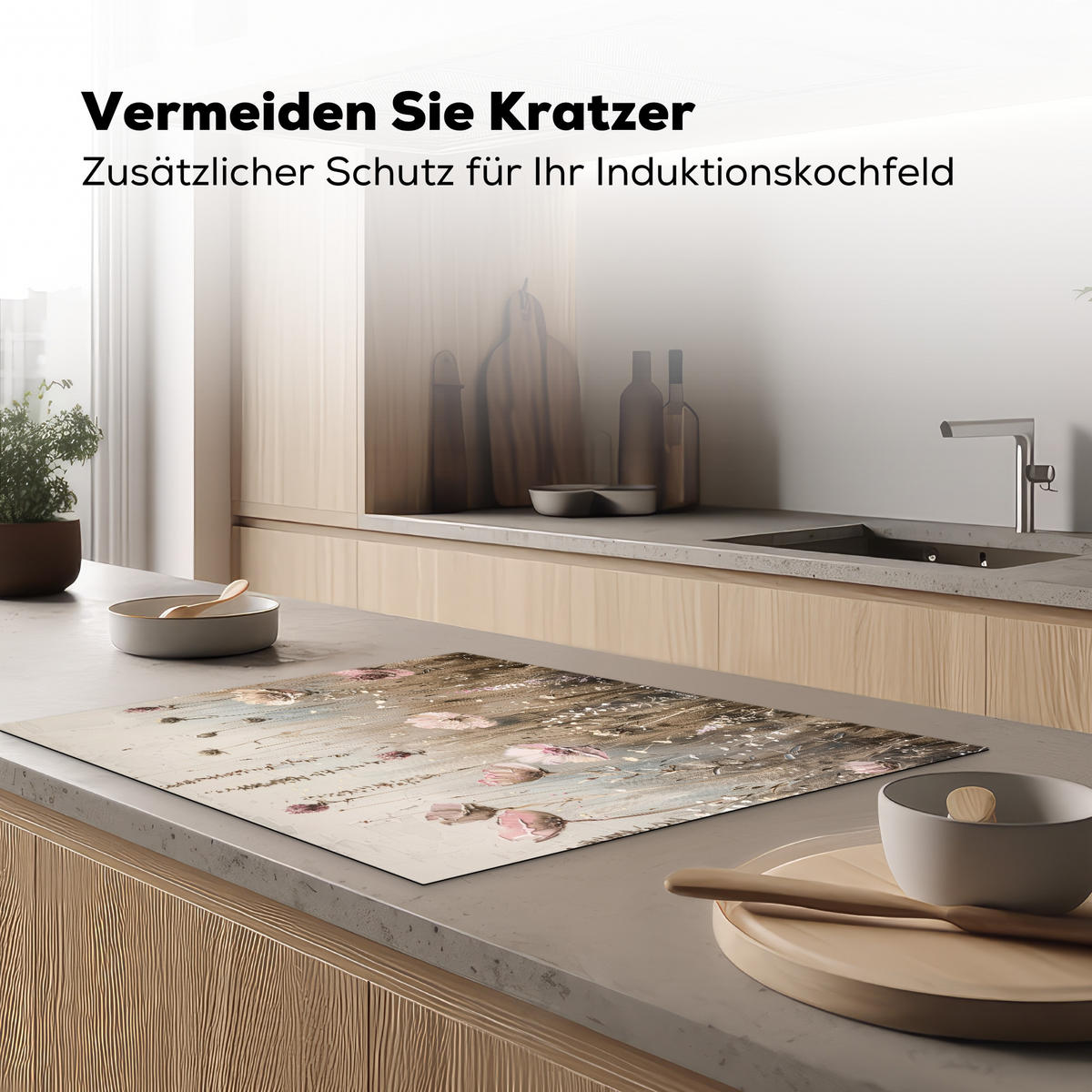 HERDABDECKPLATTE Blumen - Beige - Trockenblumen 77x59 cm - Beige, Kunststoff (77/59/0.2cm) - MuchoWow