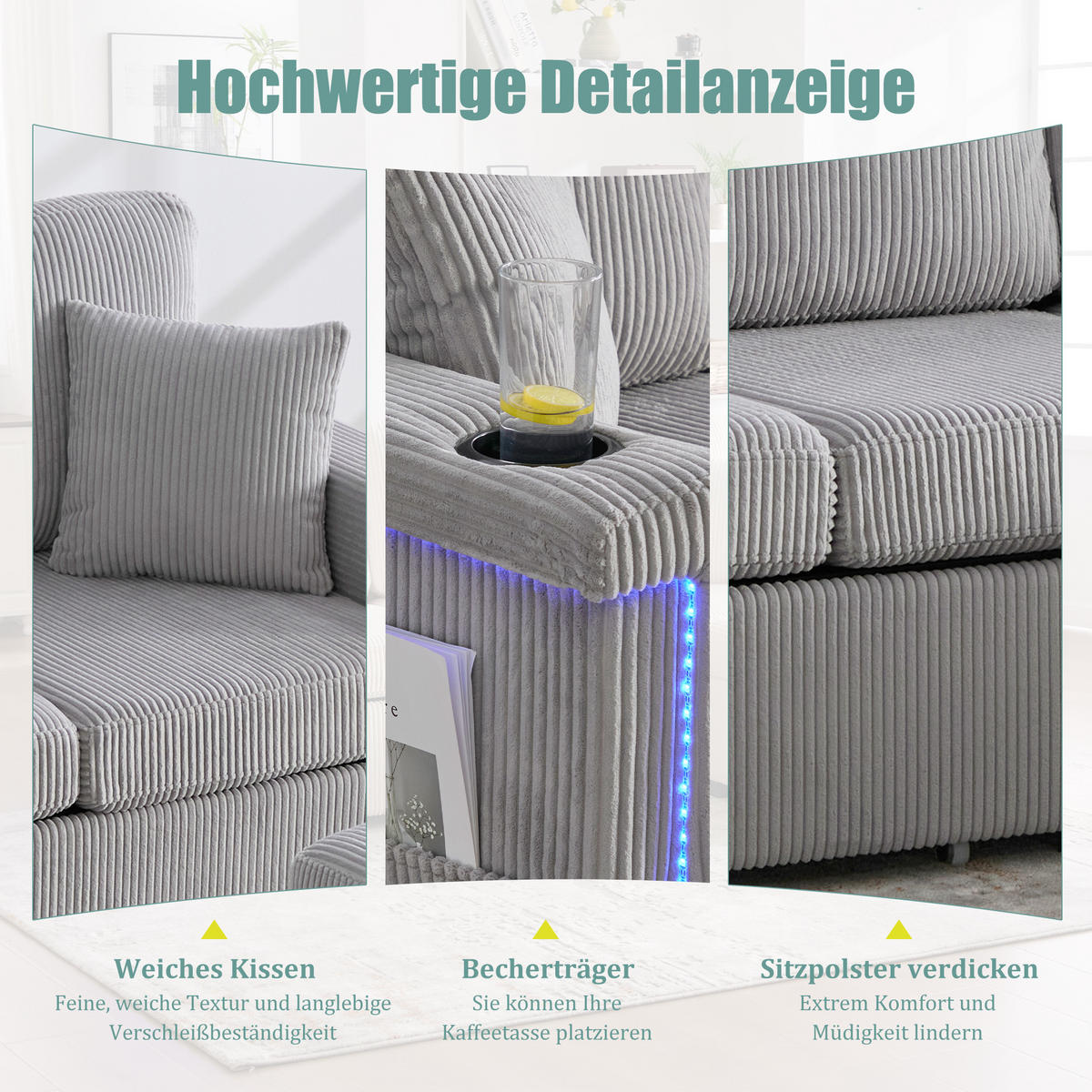 MODULARES Sofa Corduroy mit LED und USB-Anschluss Stauraum und Taschen 194/73/81 cm Hellgrau - Hellgrau, Textil (73/194cm) - Redom