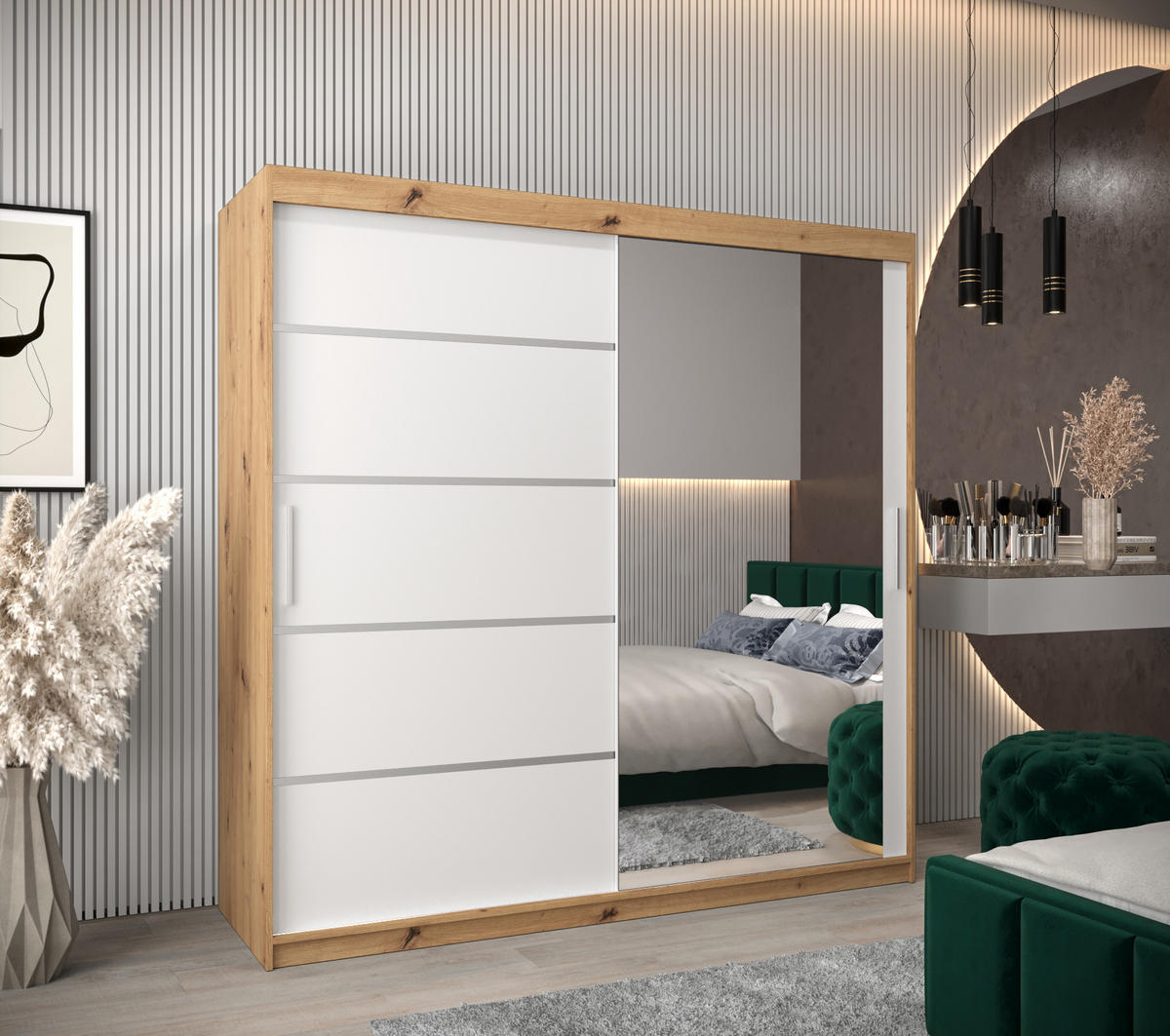 SCHWEBETÜRENSCHRANK 200/200/62 2-türig - Silberfarben/Weiß, Holz/Kunststoff (200/200/62cm) - MÖBEL KRYSPOL