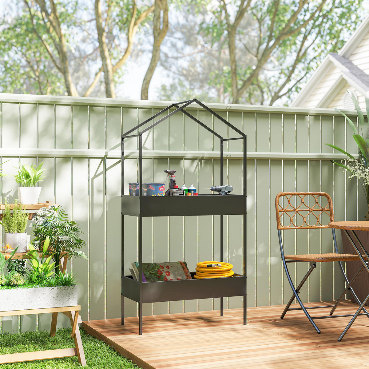 2-ETAGEN Pflanzenständer in Hausform, 150 cm hoch Blumenständer mit Haken - Schwarz, Kunststoff/Metall (35/150/75cm) - Outsunny