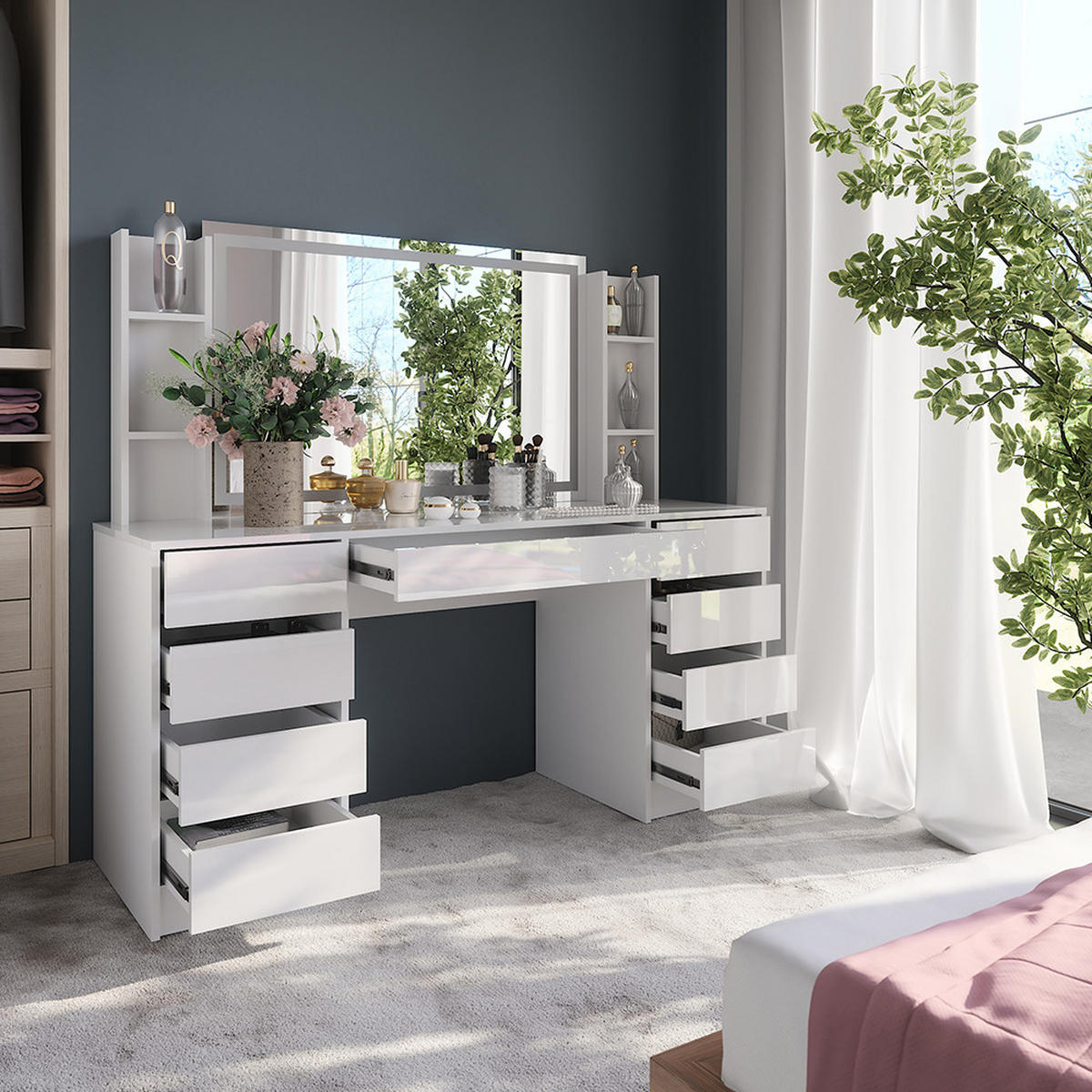 SCHMINKTISCH Sherry Weiß/Weiß Hochglanz 158.2 cm 4 Teile - Weiß Hochglanz, Holzwerkstoff (158.2/76/50.1cm) - Vicco