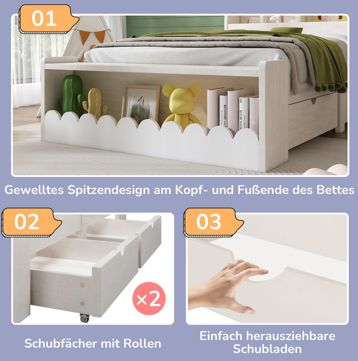 KINDERBETT 90/190 cm mit 2 Schubladen, Regal, Sitzbank und Lattenrost, Weiß/Eichefarben - Weiß, Holzwerkstoff - Redom