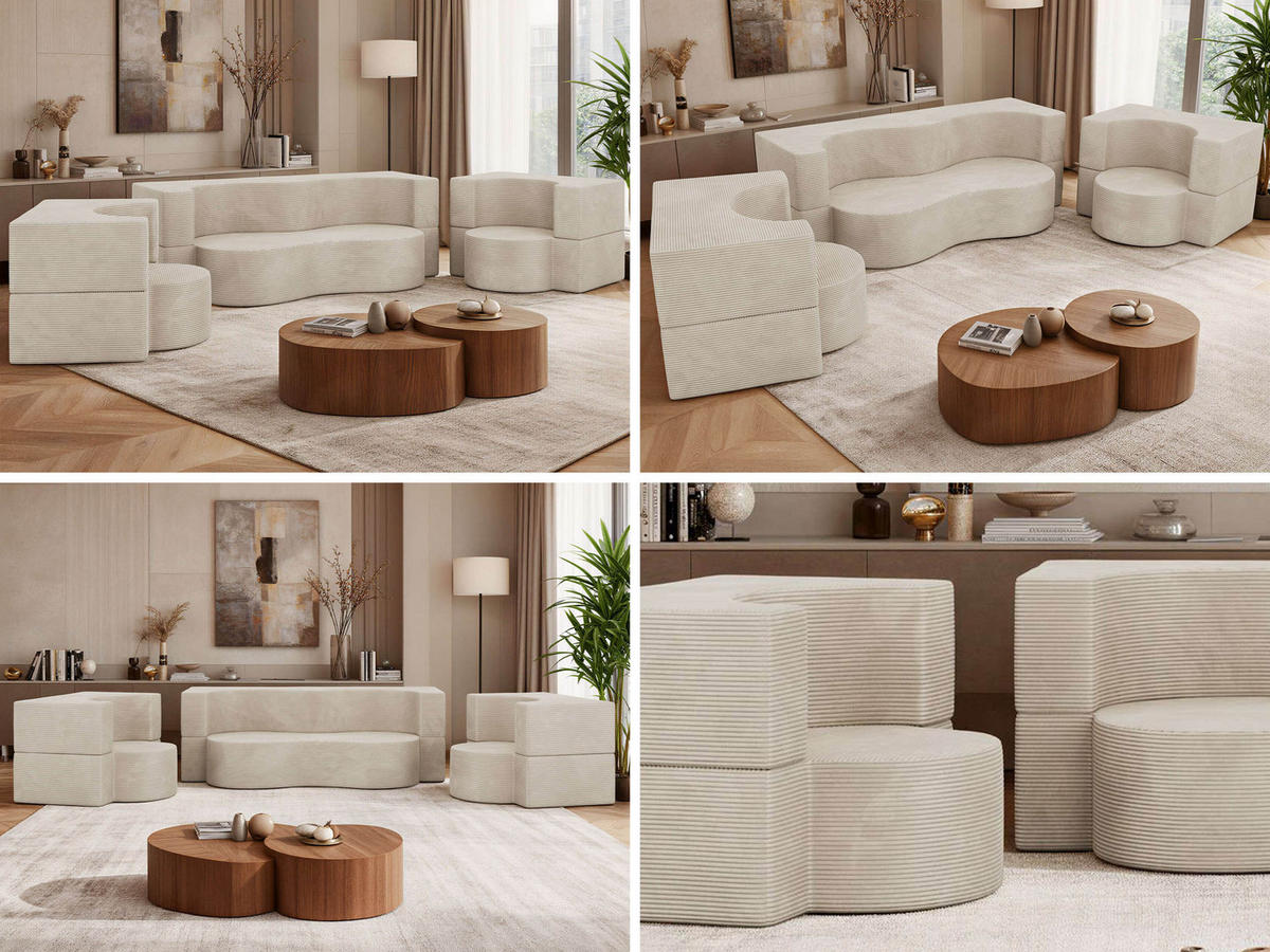 SITZGARNITUR SANOA 2+1+1 - Creme Cord - Creme, Textil (200/68/100cm) - MKS