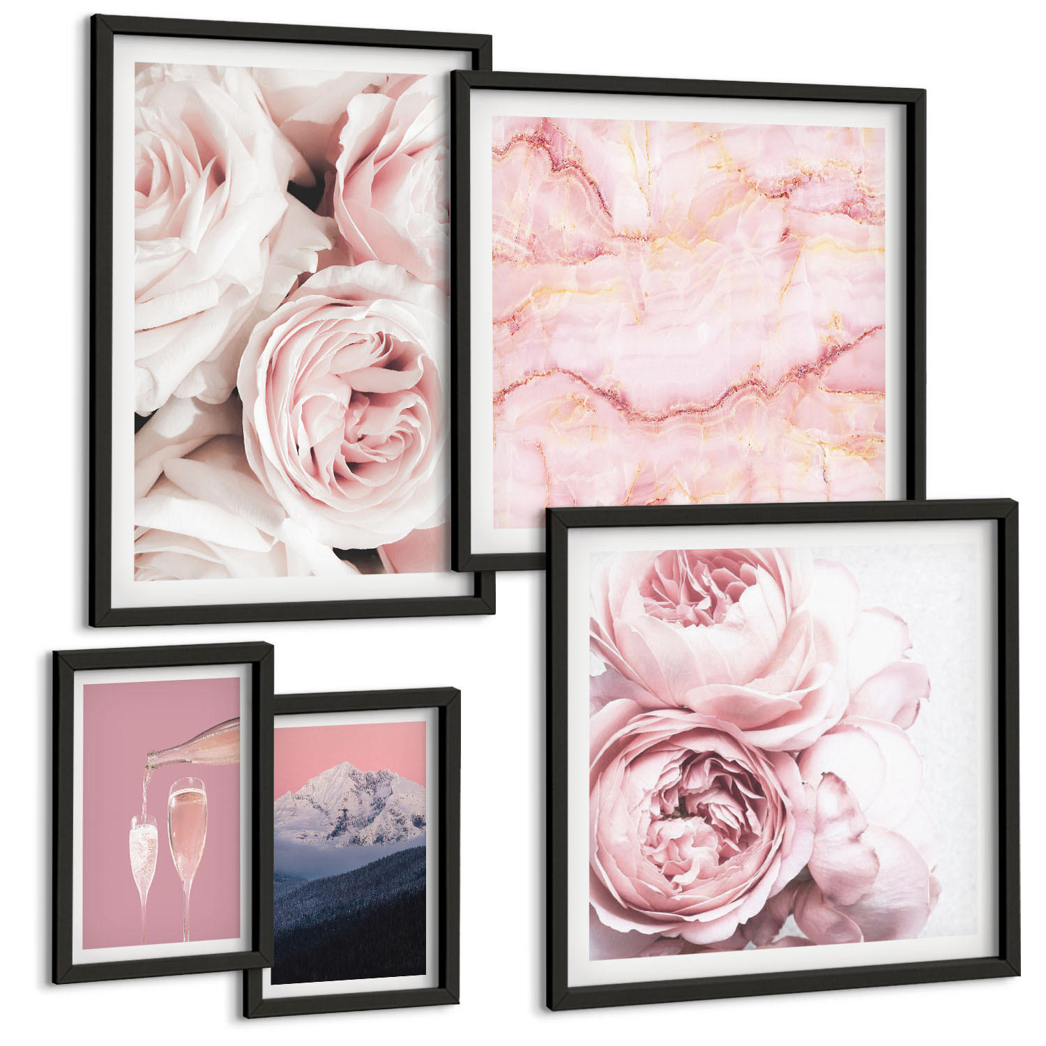 BILDER SET 5er Set - 50x50 cm & 20x30 cm & 40x60 cm Schwarzer Rahmen - Eiffels Porträt einer Frau mit Rosen - Schwarz, Kunststoff (40/60cm) - TULUP