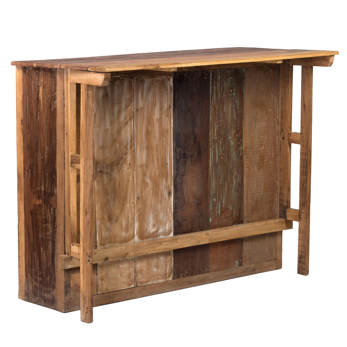 BARSCHRANK-SET Aruba 3-tlg. Massivholz, mit 2 Barhockern, 12er Flaschenregal und Gläserschienen naturfarben - Naturfarben, Holz (140/110/69cm) - DESIGN DELIGHTS